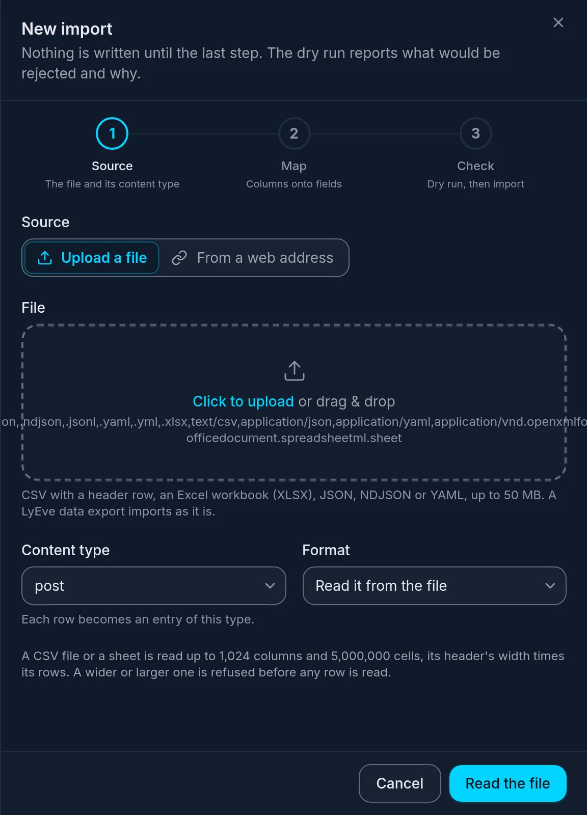 The New import dialog in the LyEve admin console at its Source step, with a choice between uploading a file and reading one from a web address, a content type picker and a format menu.