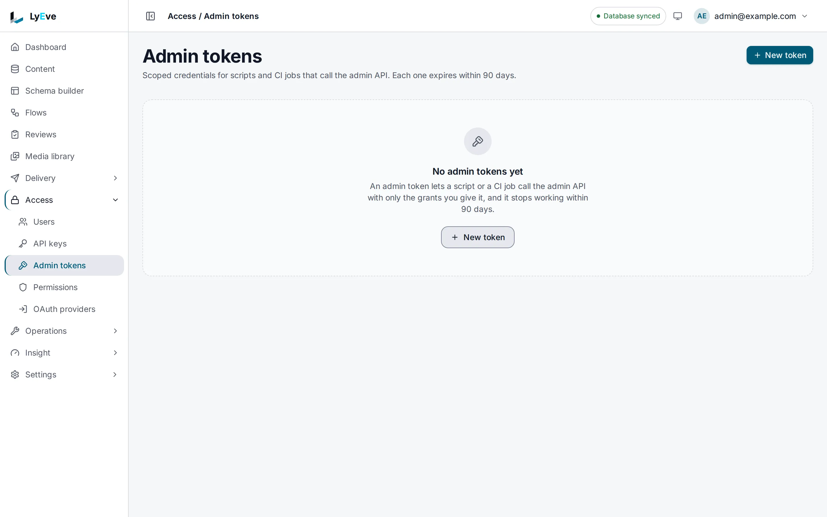 Access > Admin tokens before any token exists, with the New token button.