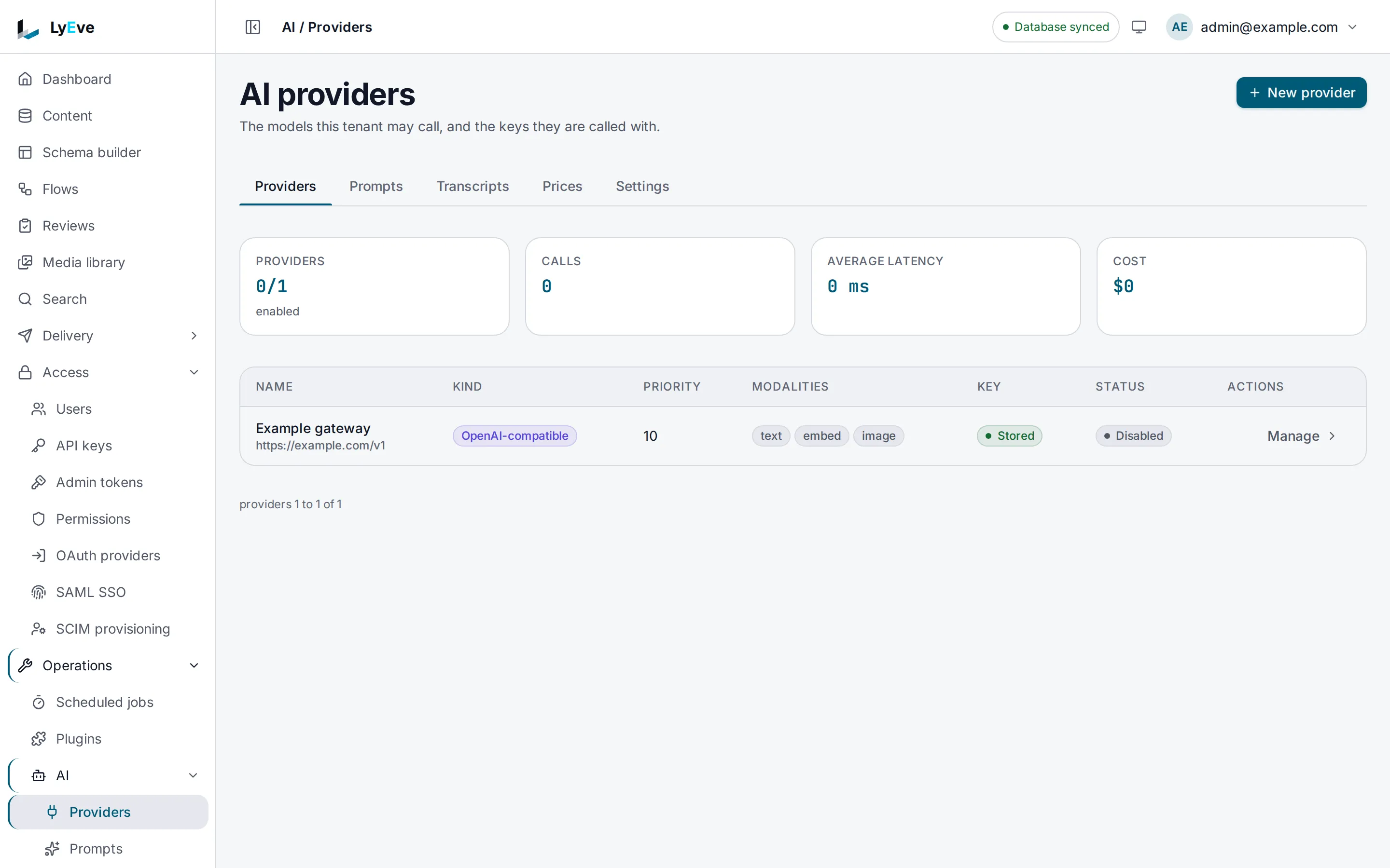 The AI providers page with one OpenAI-compatible provider named Example gateway at https://example.com/v1, priority 10, serving text, embeddings and images, with its key stored and the provider disabled.