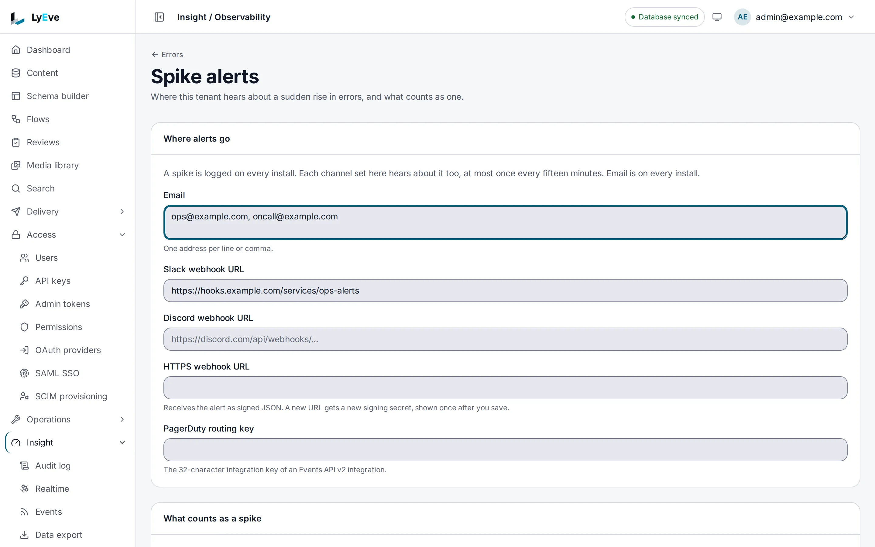 The Spike alerts page with two addresses in Email and a webhook address in Slack webhook URL, above the Discord, HTTPS webhook and PagerDuty fields.