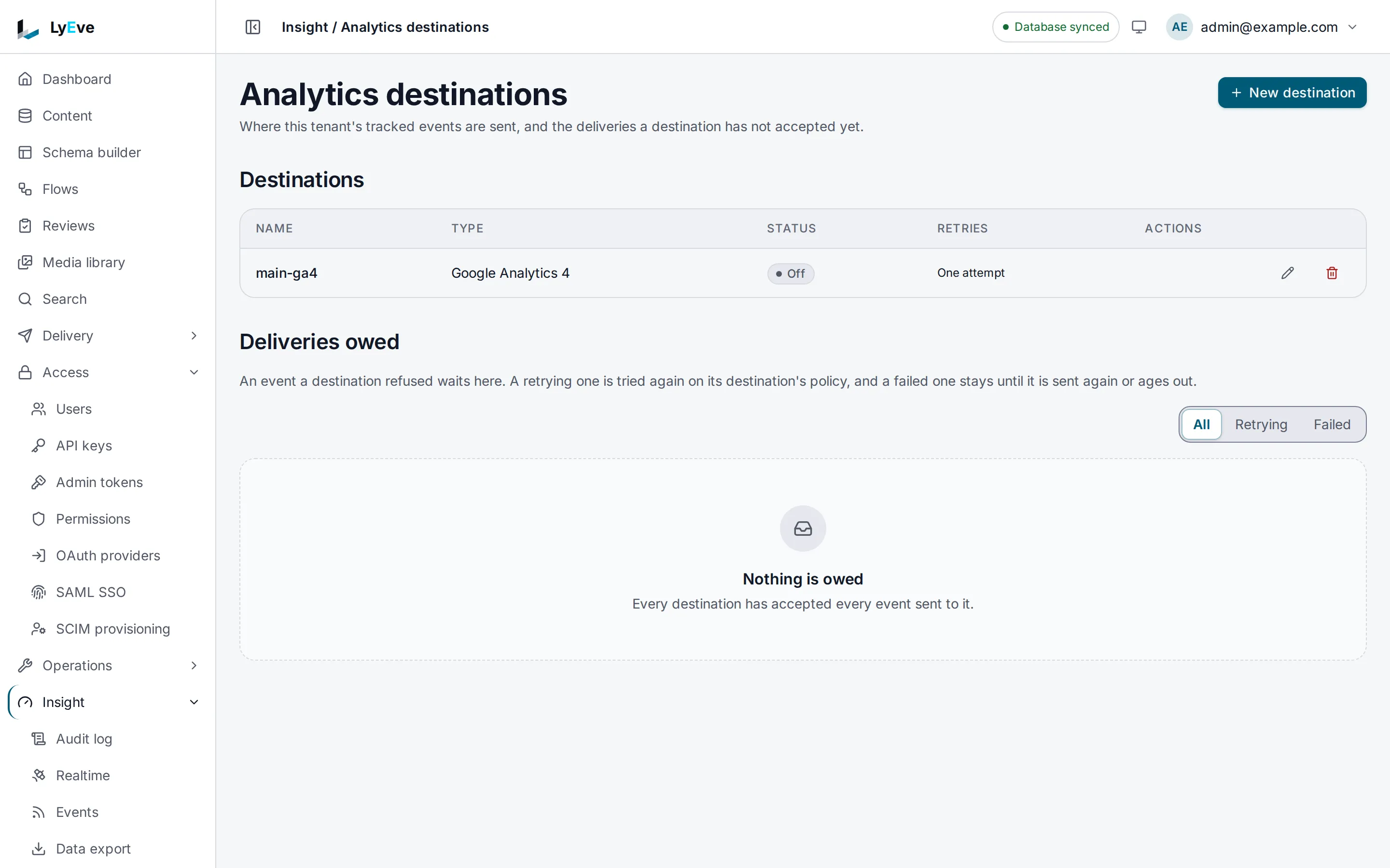 The Analytics destinations page with one Google Analytics 4 destination named main-ga4, switched off, with one attempt per event and nothing owed.