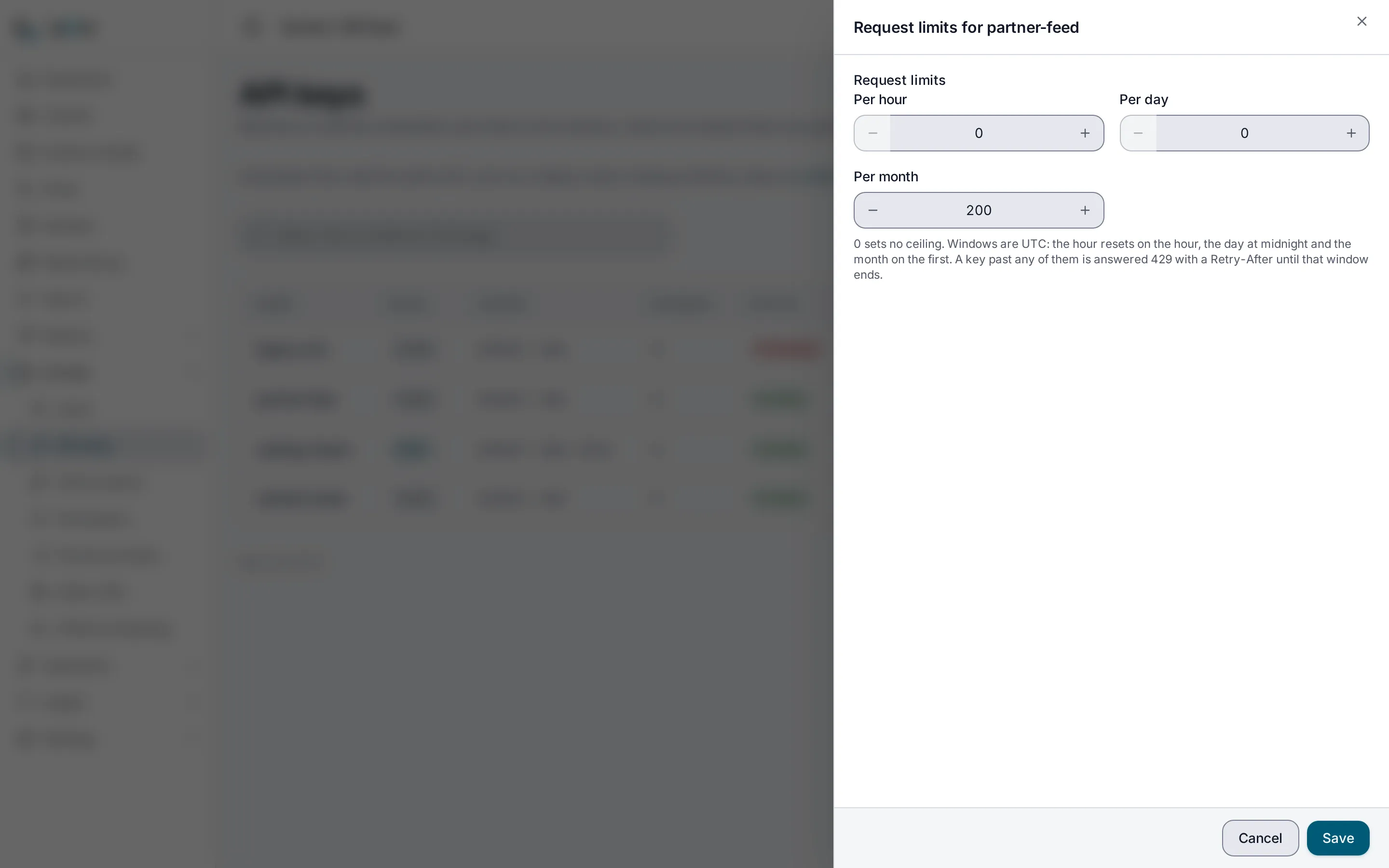 The Request limits drawer for the partner-feed key, open over the API keys list, with a limit of 200 requests per month.