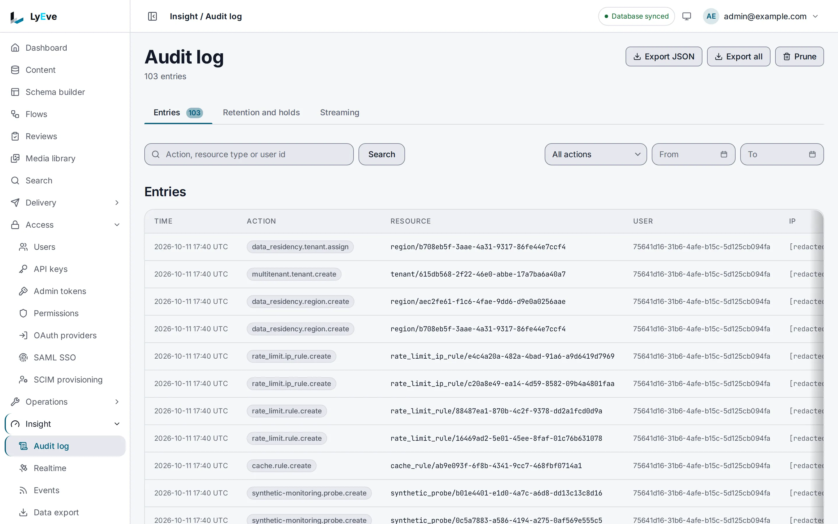 The Entries tab of the audit log listing recent actions, newest first, each with its time, action, resource and the user who acted.