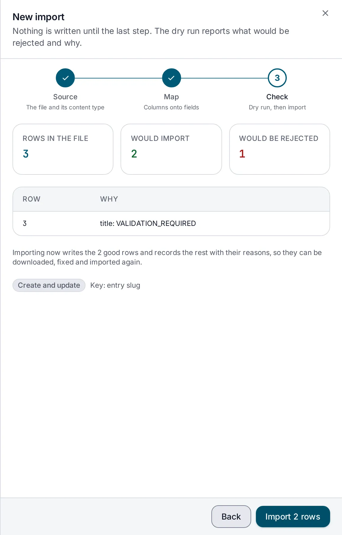 The Check step of a new import. Of 3 rows in the file, 2 would import and 1 would be rejected, row 3 for a missing title. Import 2 rows is at the bottom.