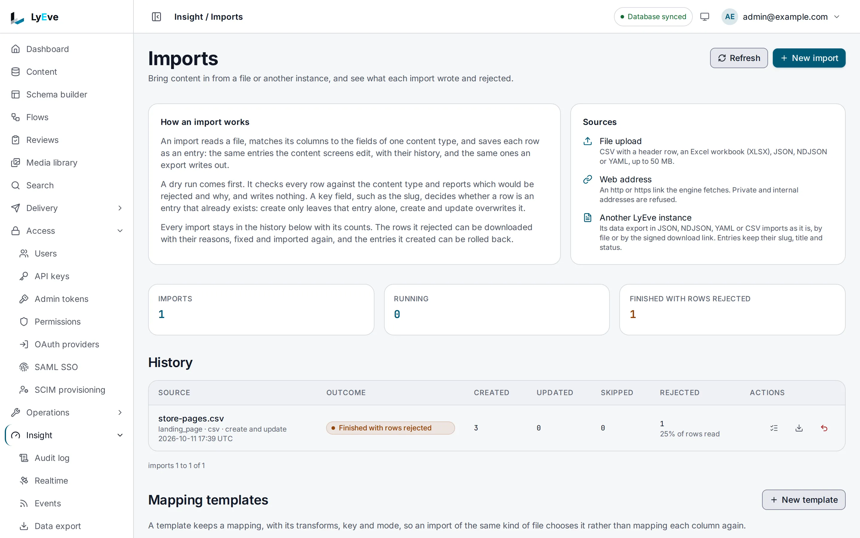 The Imports page. History lists store-pages.csv, imported into landing_page to create and update, which finished with rows rejected: 3 created and 1 rejected. Mapping templates starts below it.