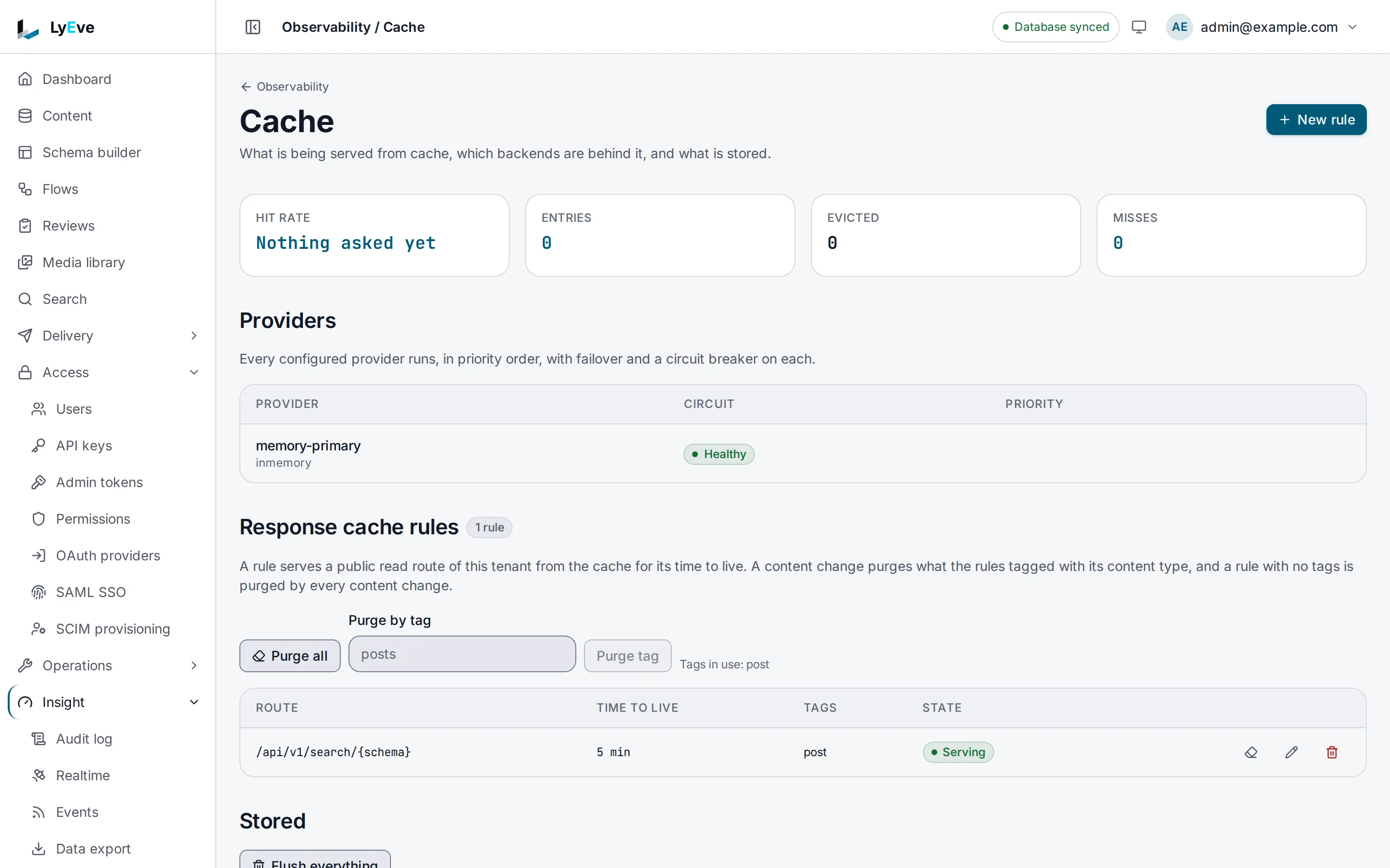 The Cache page with the memory-primary provider healthy and one response cache rule serving /api/v1/search/{schema} for 5 minutes, tagged post.