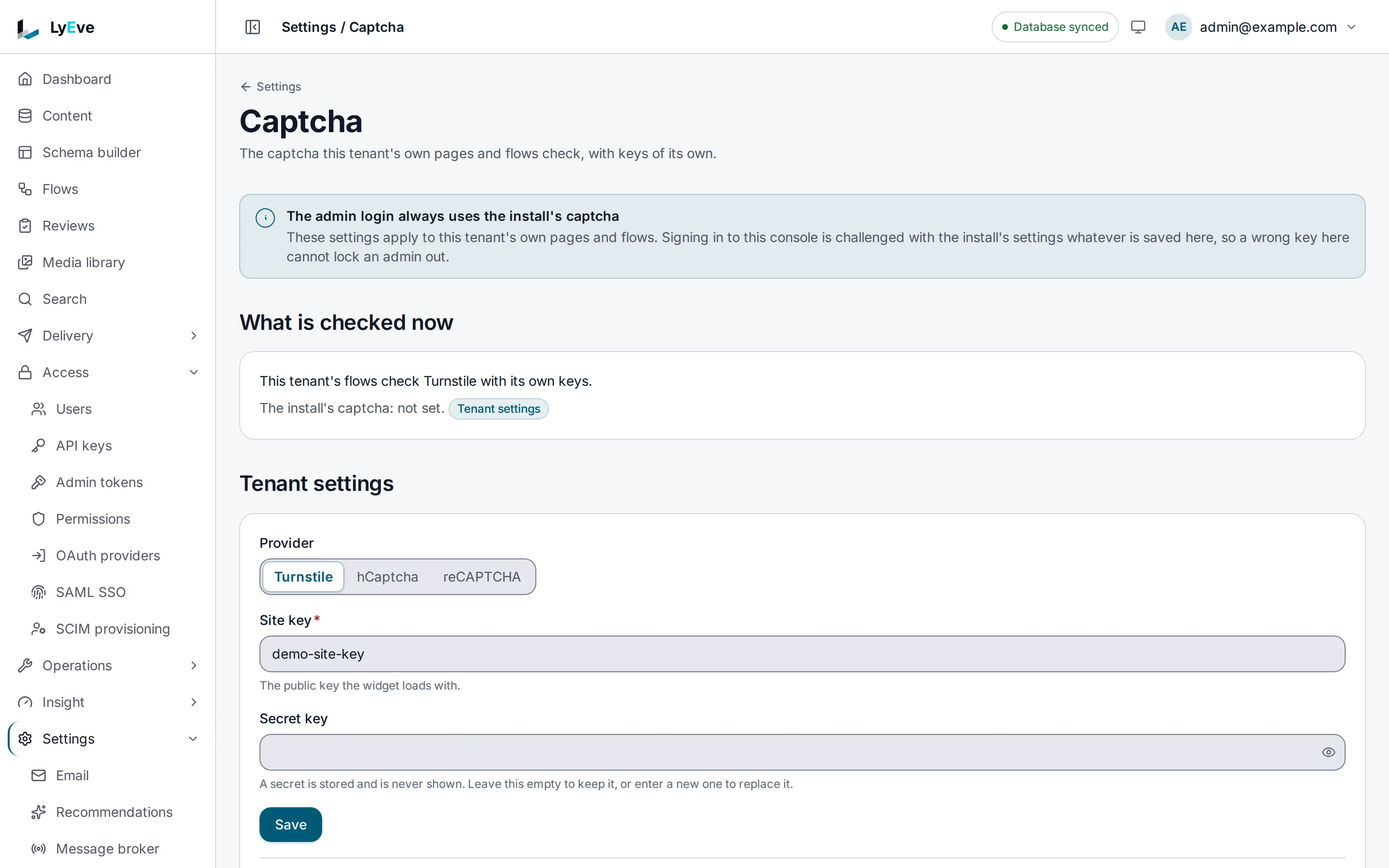 The Captcha settings page. A note says the admin login always uses the instance captcha, a summary says this tenant's flows check Turnstile with its own keys, and the tenant settings form shows Turnstile selected with a site key filled in.