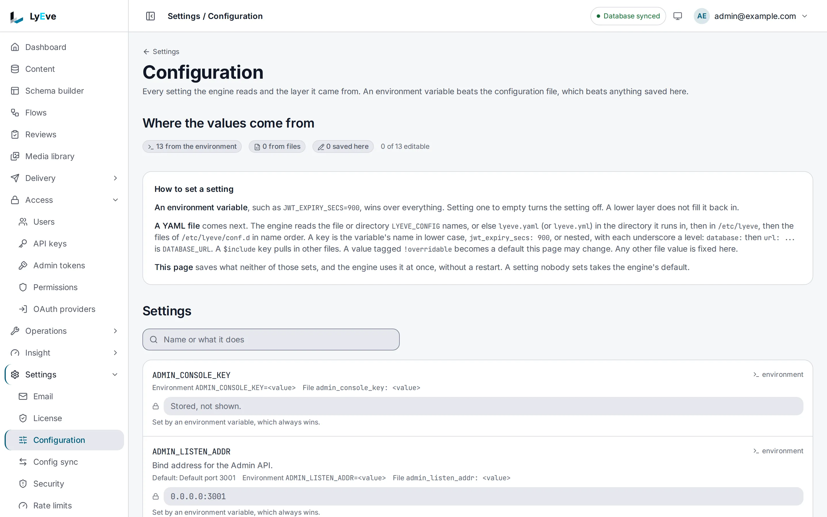 The Configuration page: counts of settings from the environment, the files and the console, and each setting with its value and source.