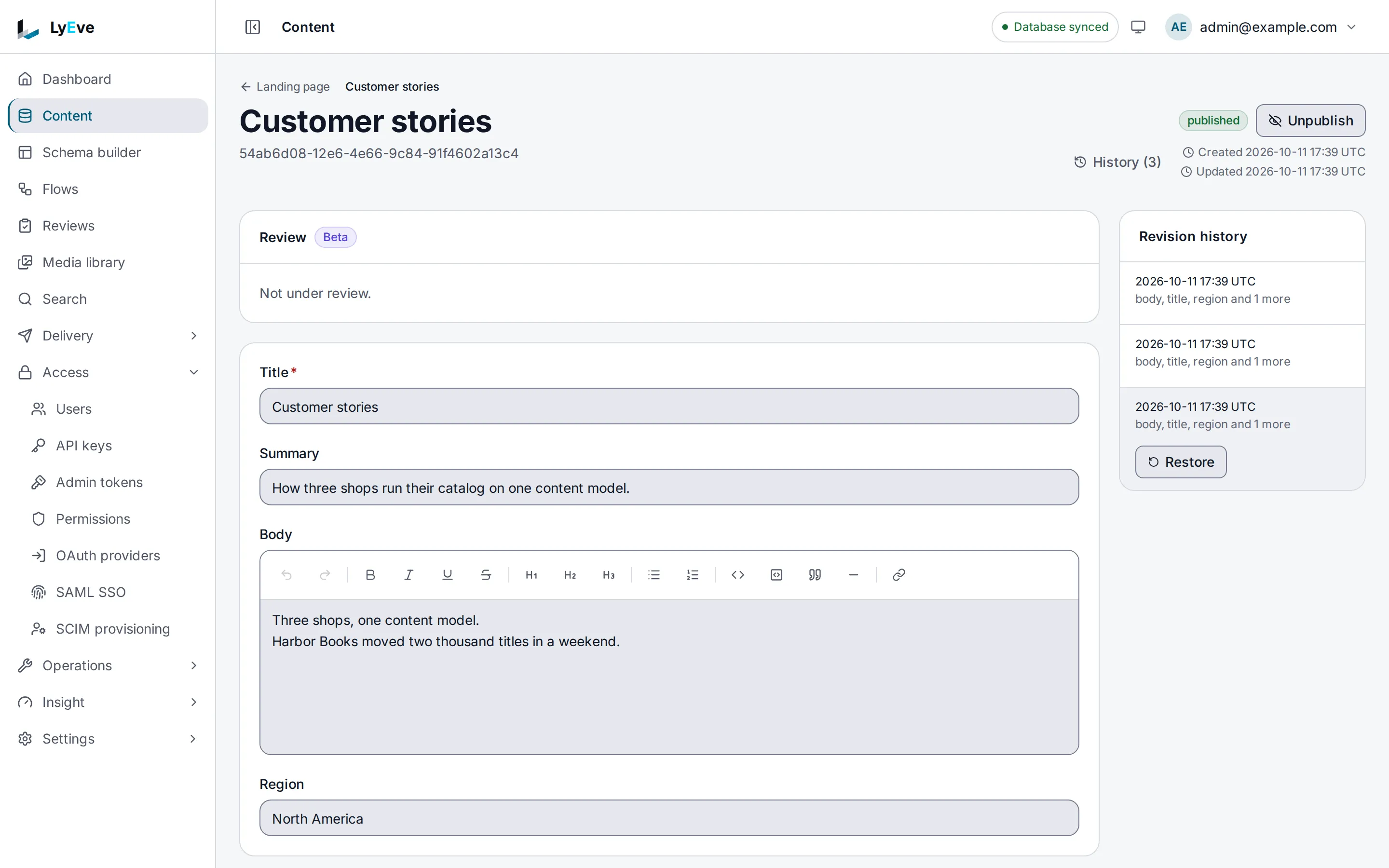 An entry's page with the Revision history panel open beside it. The entry is published, with Unpublish and History (3) at the top, and the oldest of its three revisions is selected with a Restore button under it.