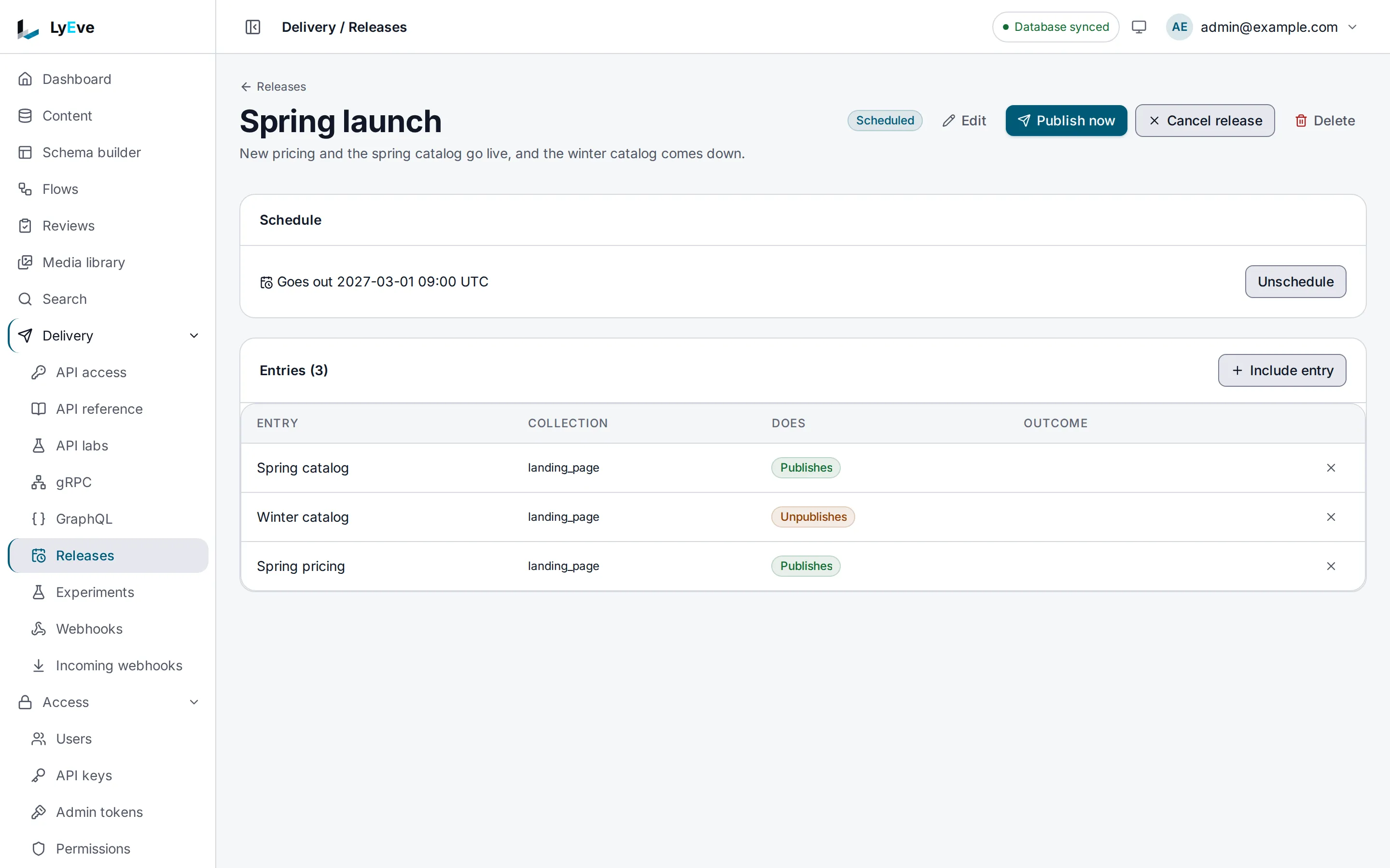 The Spring launch release, scheduled to go out on March 1, 2027 at 09 UTC. It unpublishes Winter catalog and publishes Spring catalog and Spring pricing, with Publish now, Cancel release and Unschedule.