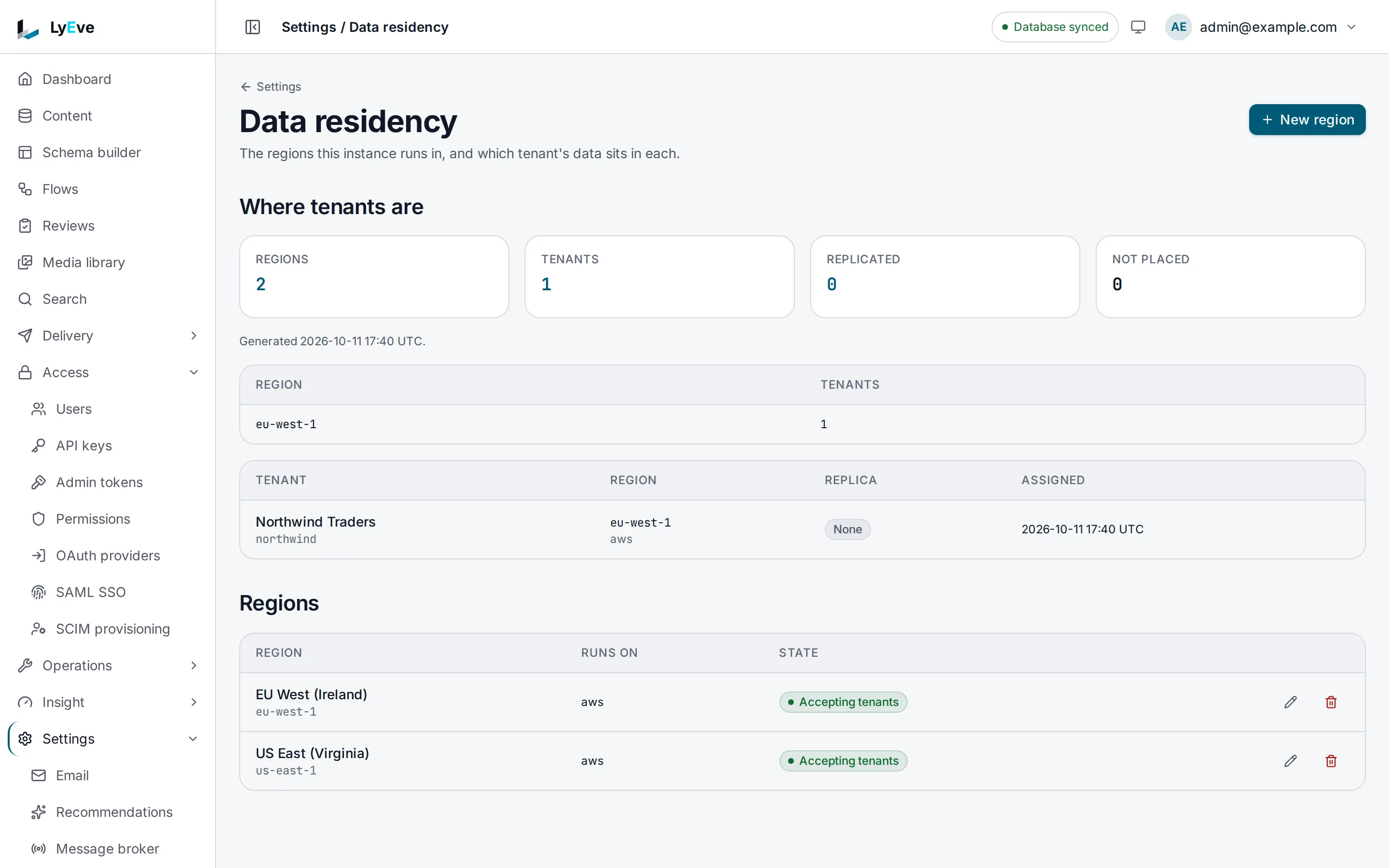 The Data residency page with two regions. Northwind Traders is placed in eu-west-1, and the regions EU West (Ireland) and US East (Virginia) both accept tenants.