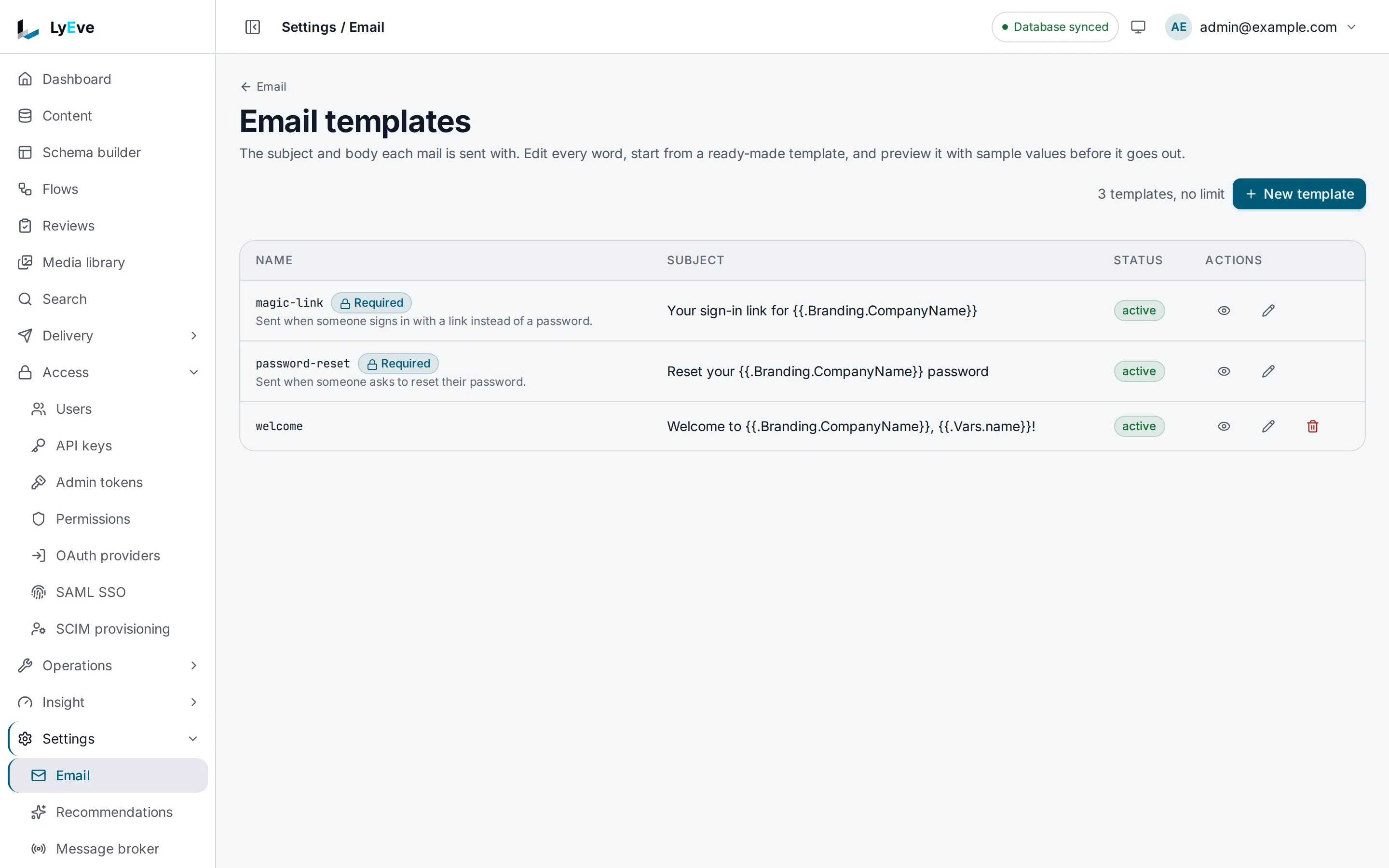 The Email templates page listing the required magic-link and password-reset templates and a welcome template, all three active.