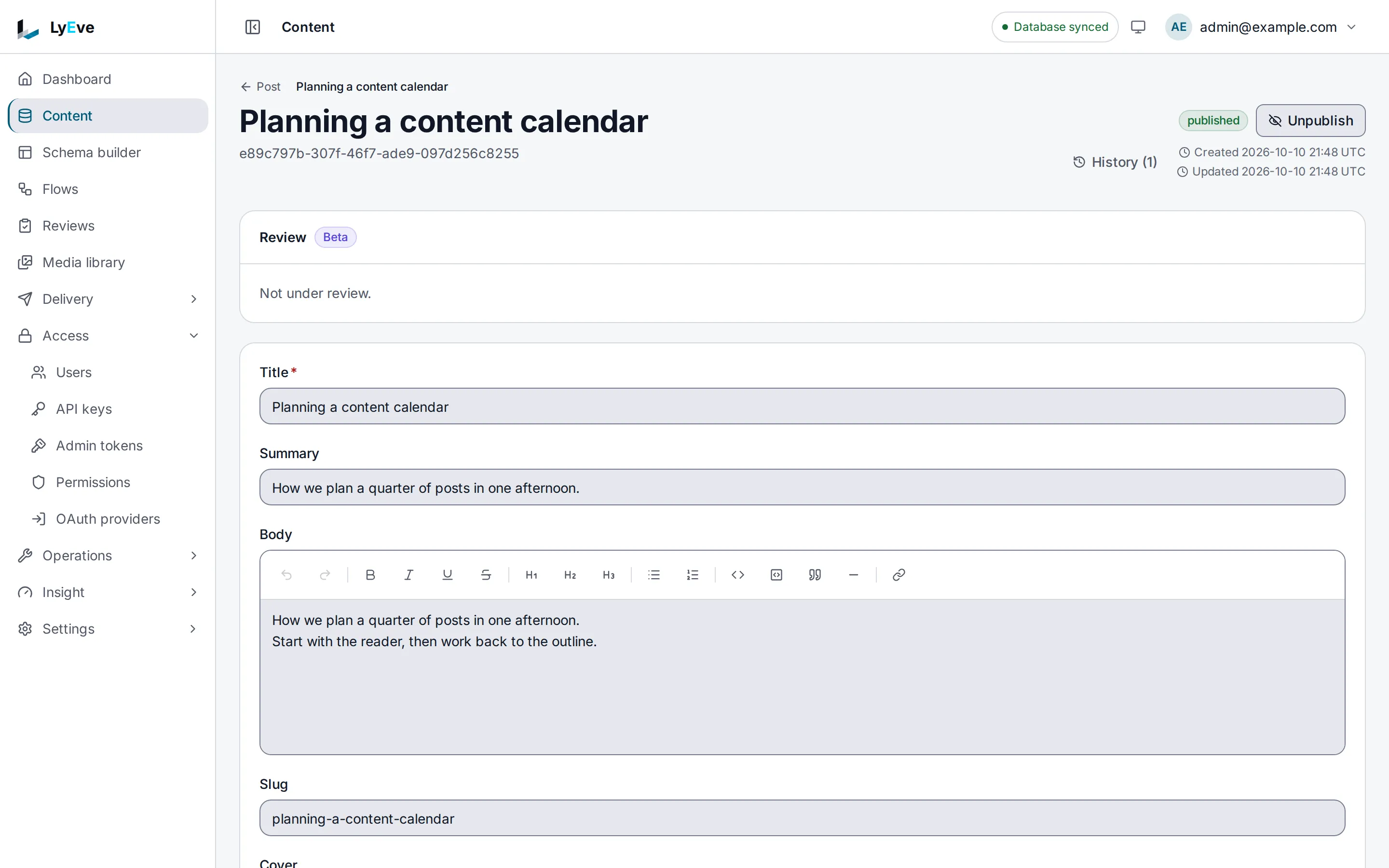 An entry open in the editor, with its status, history, the review panel and its fields.