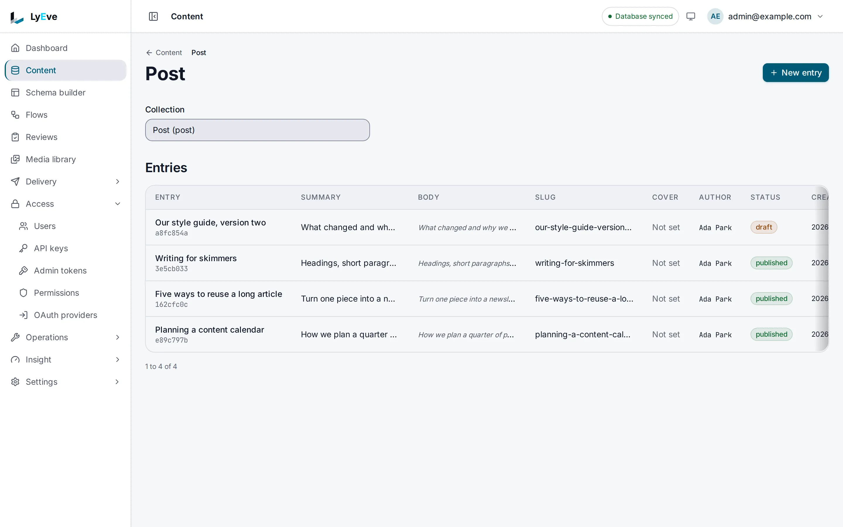 A collection's entries, with a column per field and each entry's status.