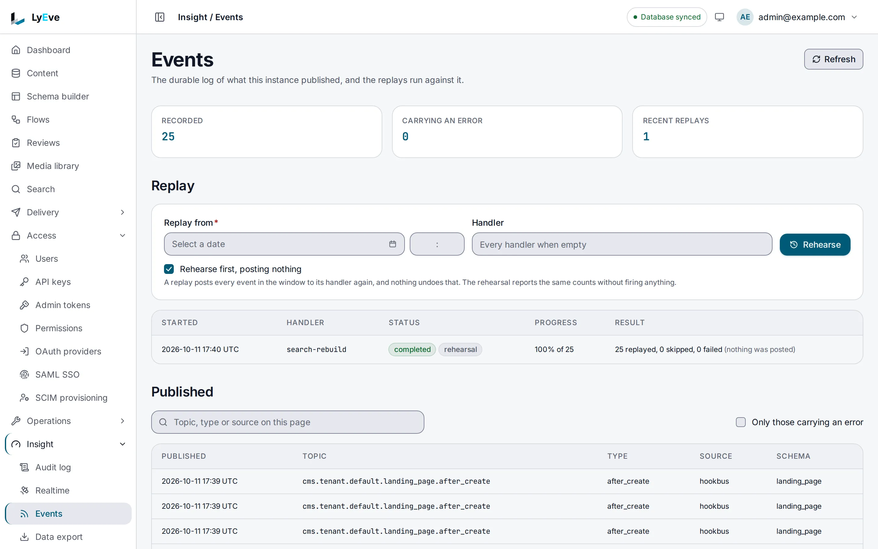 The Events page with a completed rehearsal named search-rebuild that posted nothing, above the log of published events with their topic, type, source and content type.