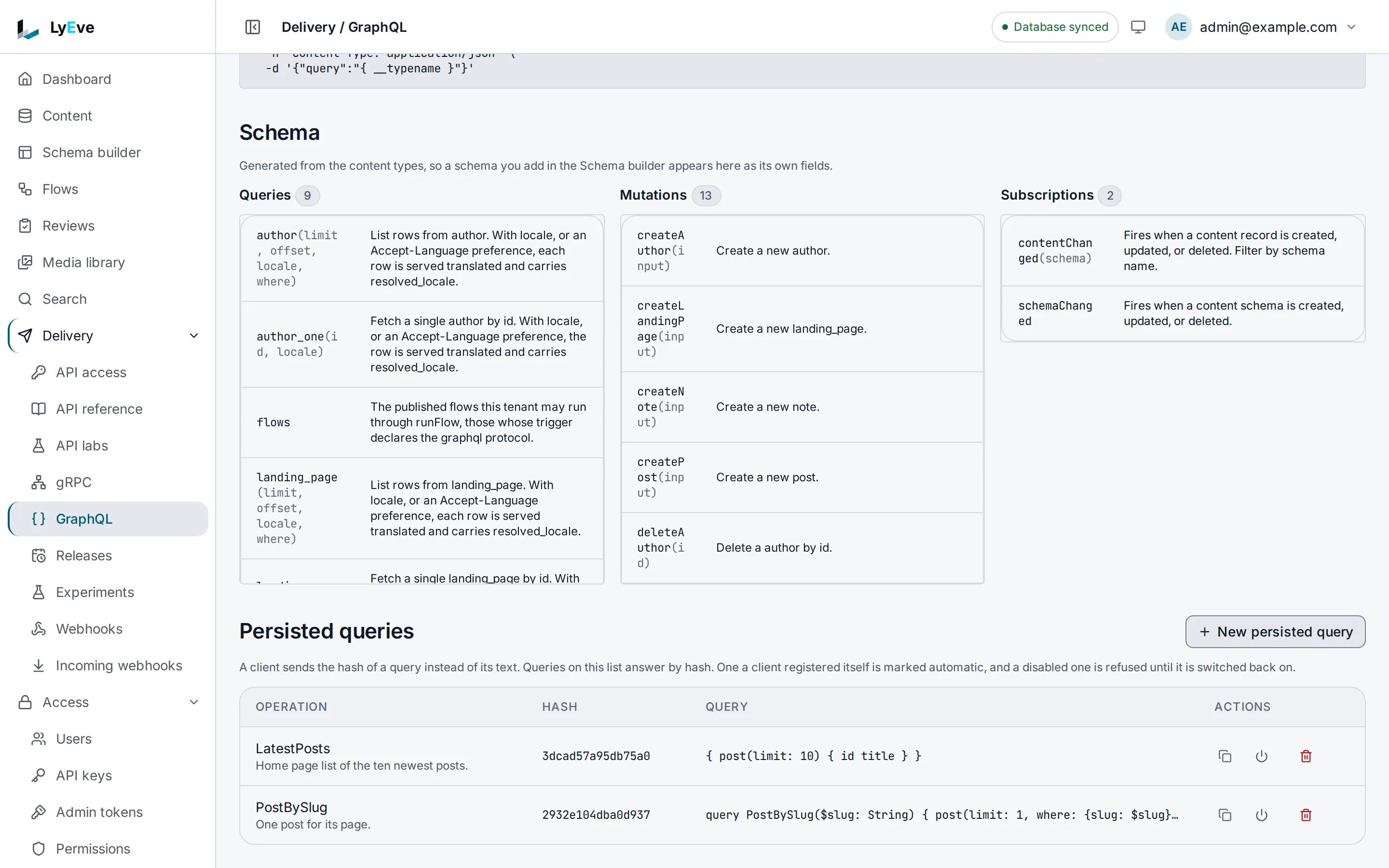 The GraphQL page with the generated Queries, Mutations and Subscriptions, and two persisted queries, LatestPosts and PostBySlug, each with its hash and query text.