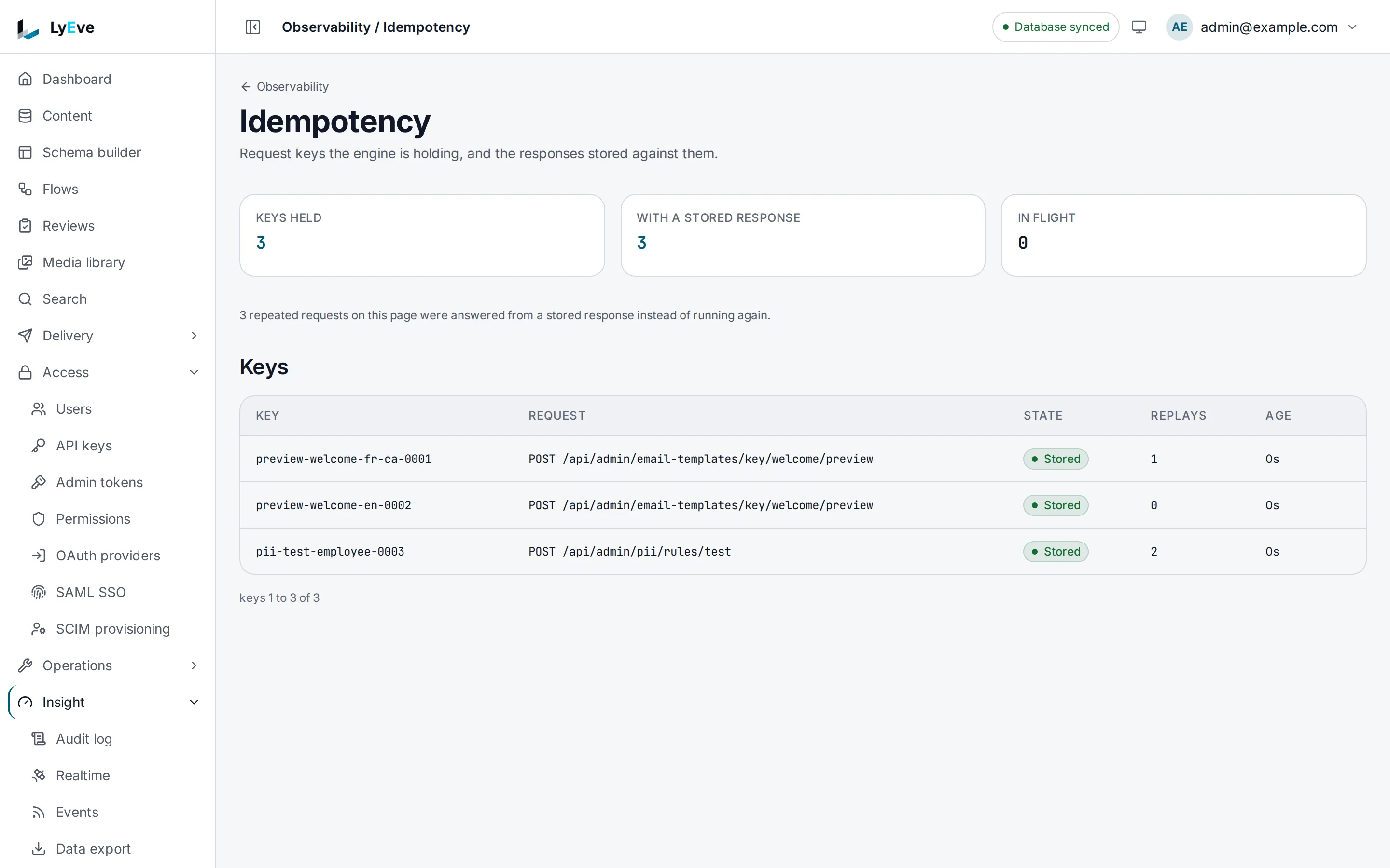 The Idempotency page with three keys held, each stored with the POST request it was sent on, its replay count and its age.