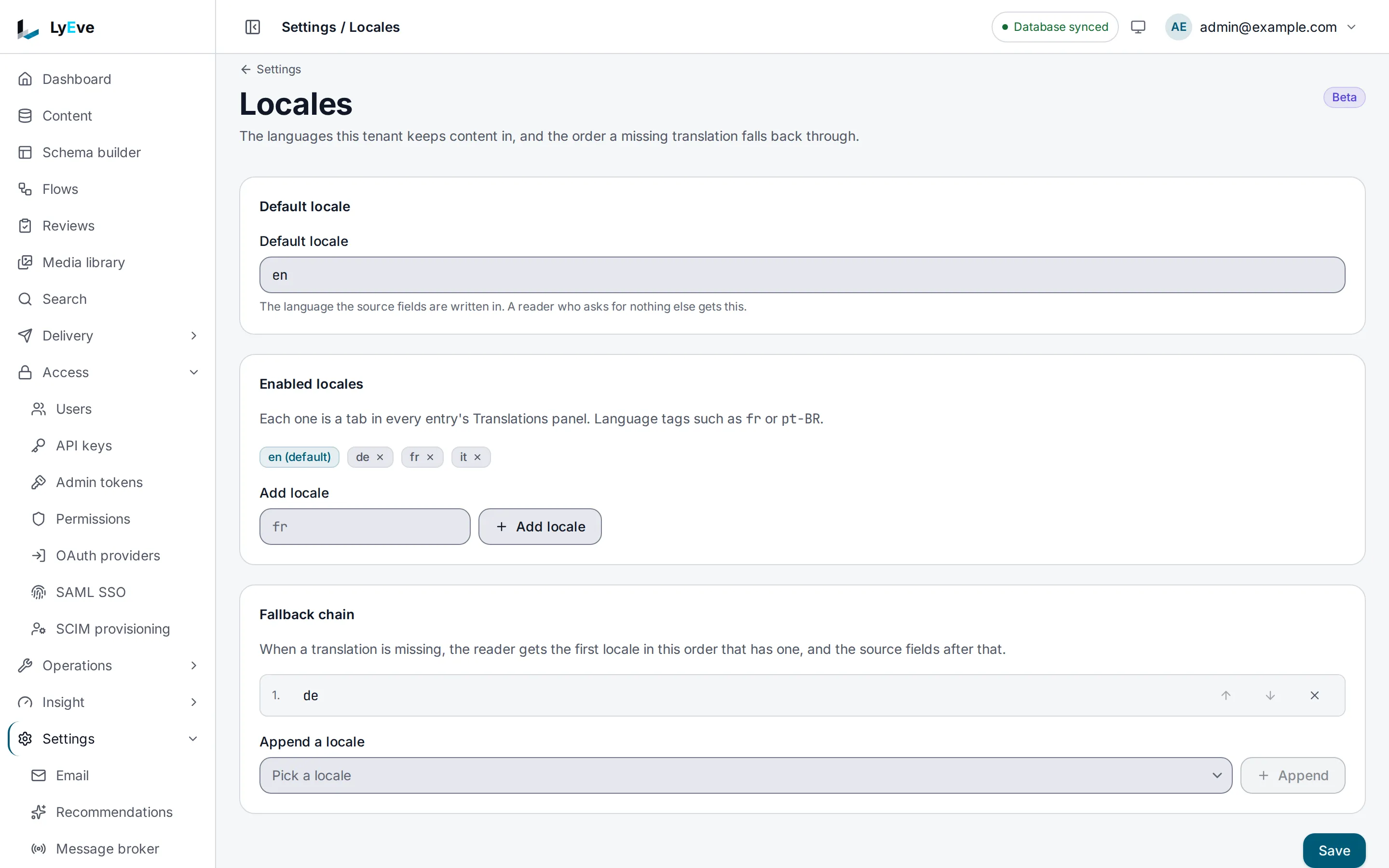 The Locales settings page. English is the default locale, German, French and Italian are enabled, and the fallback chain holds German.