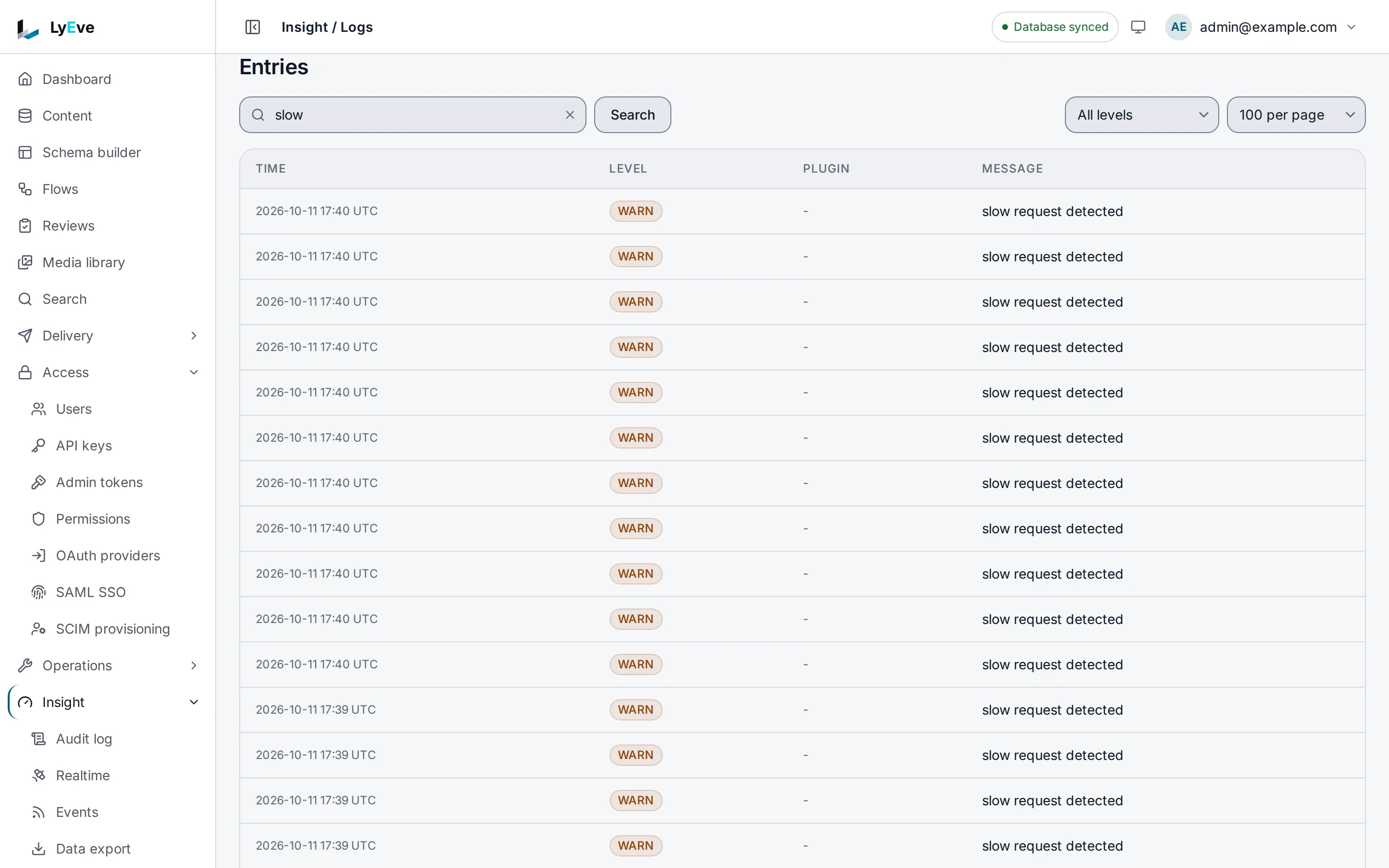 The Logs page searched for the word slow, listing WARN entries that read slow request detected, each with its time.