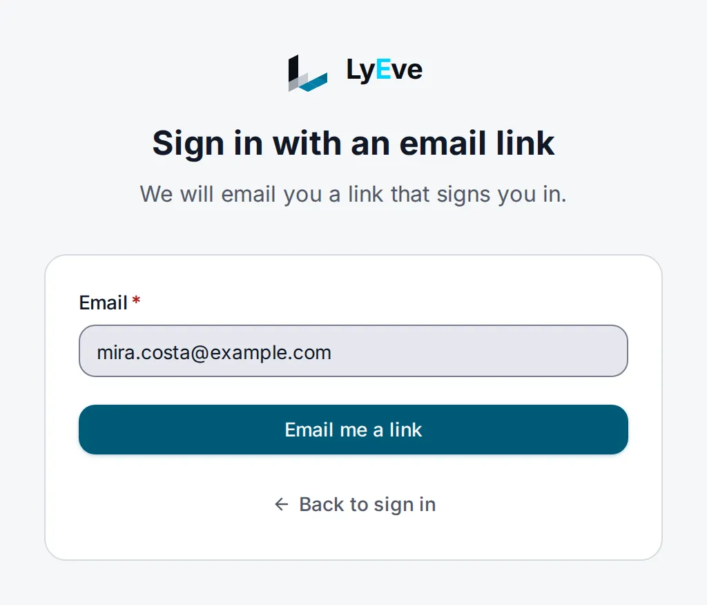 The Sign in with an email link page with an email address entered and the Email me a link button.