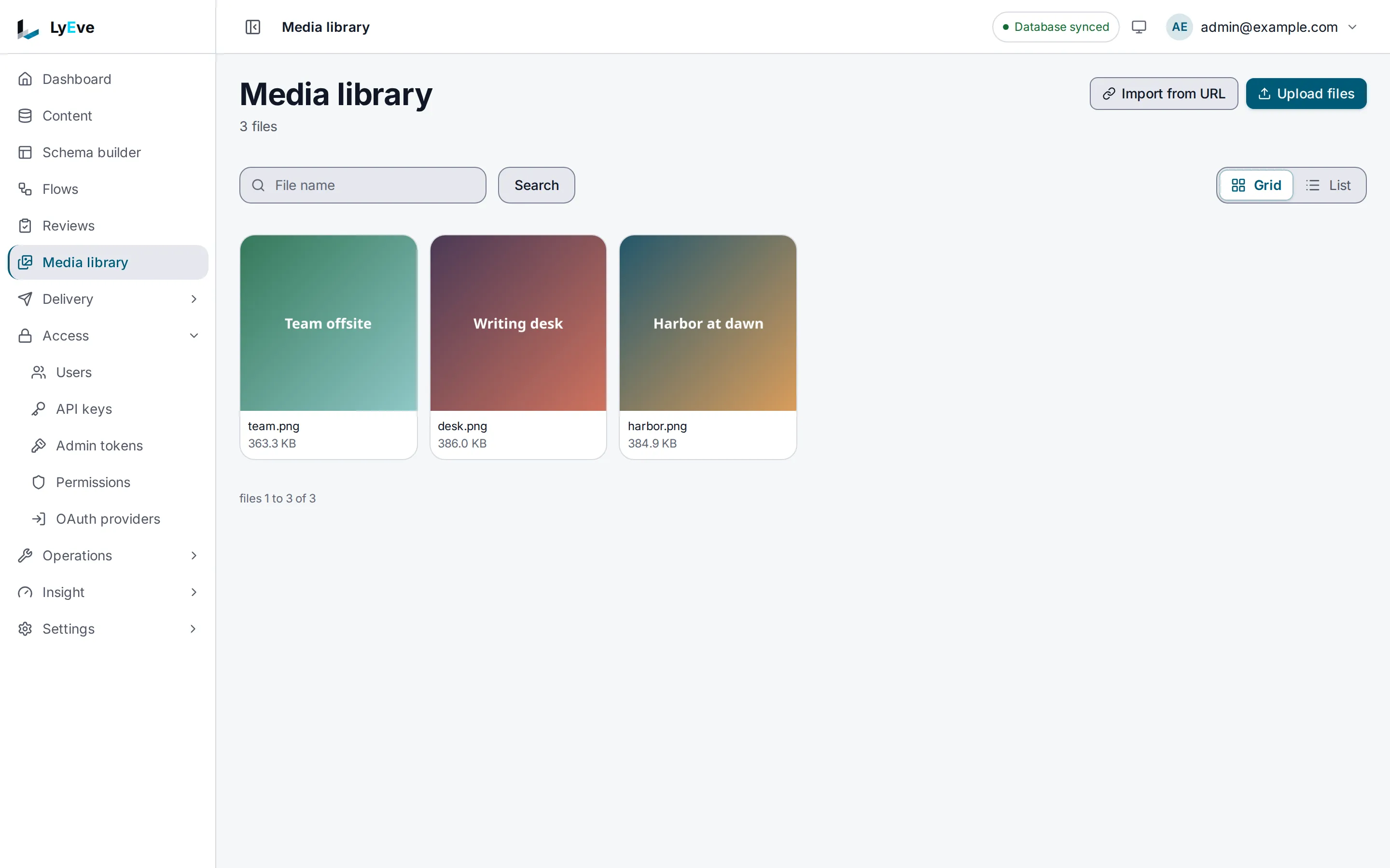 The media library in grid view, with three images, a file name search and the Upload files and Import from URL buttons.