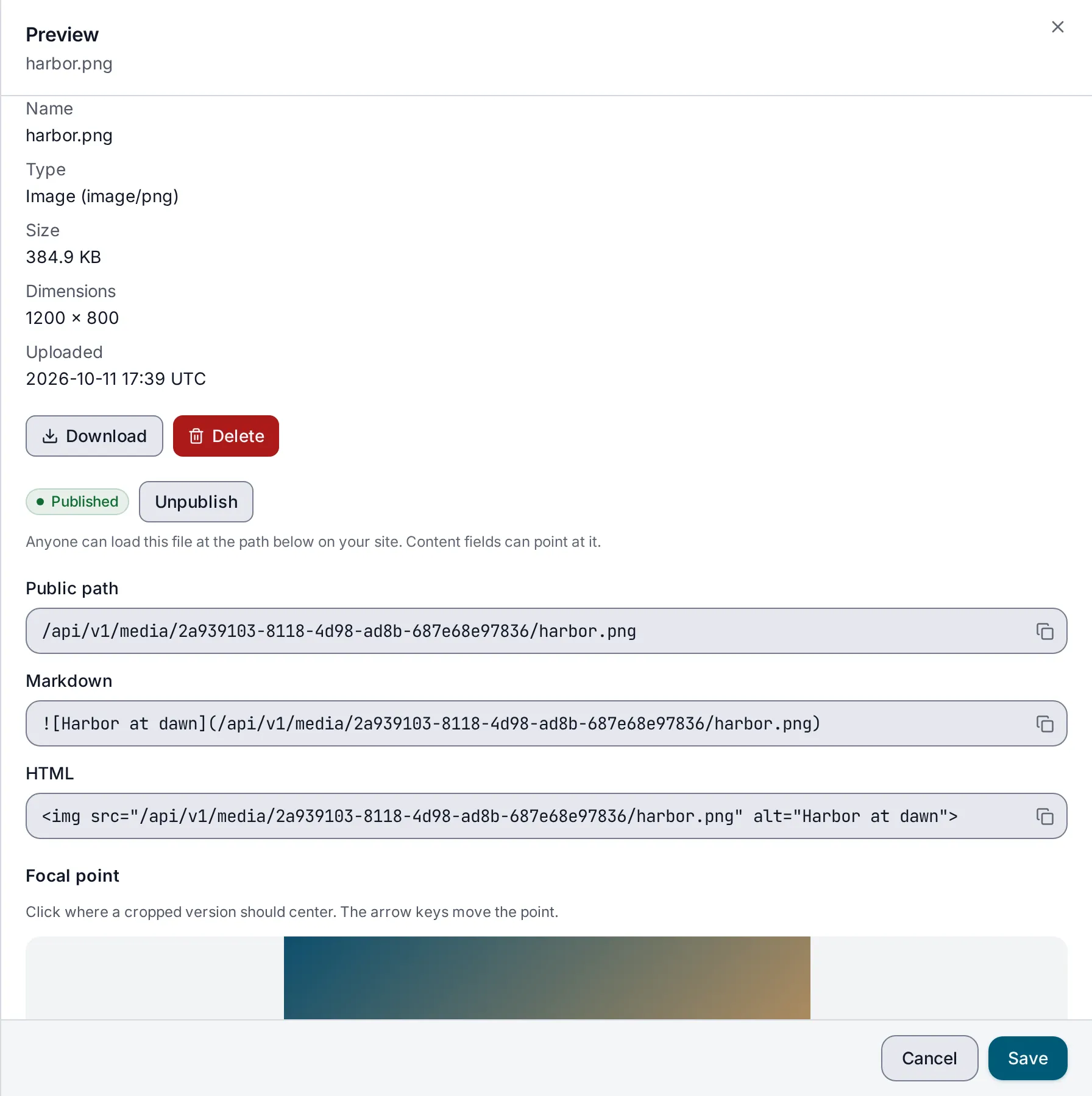 The preview of a published image, harbor.png, showing its name, type, size, dimensions and upload time, the Published badge beside Unpublish, and its public path, also written as Markdown and as HTML.