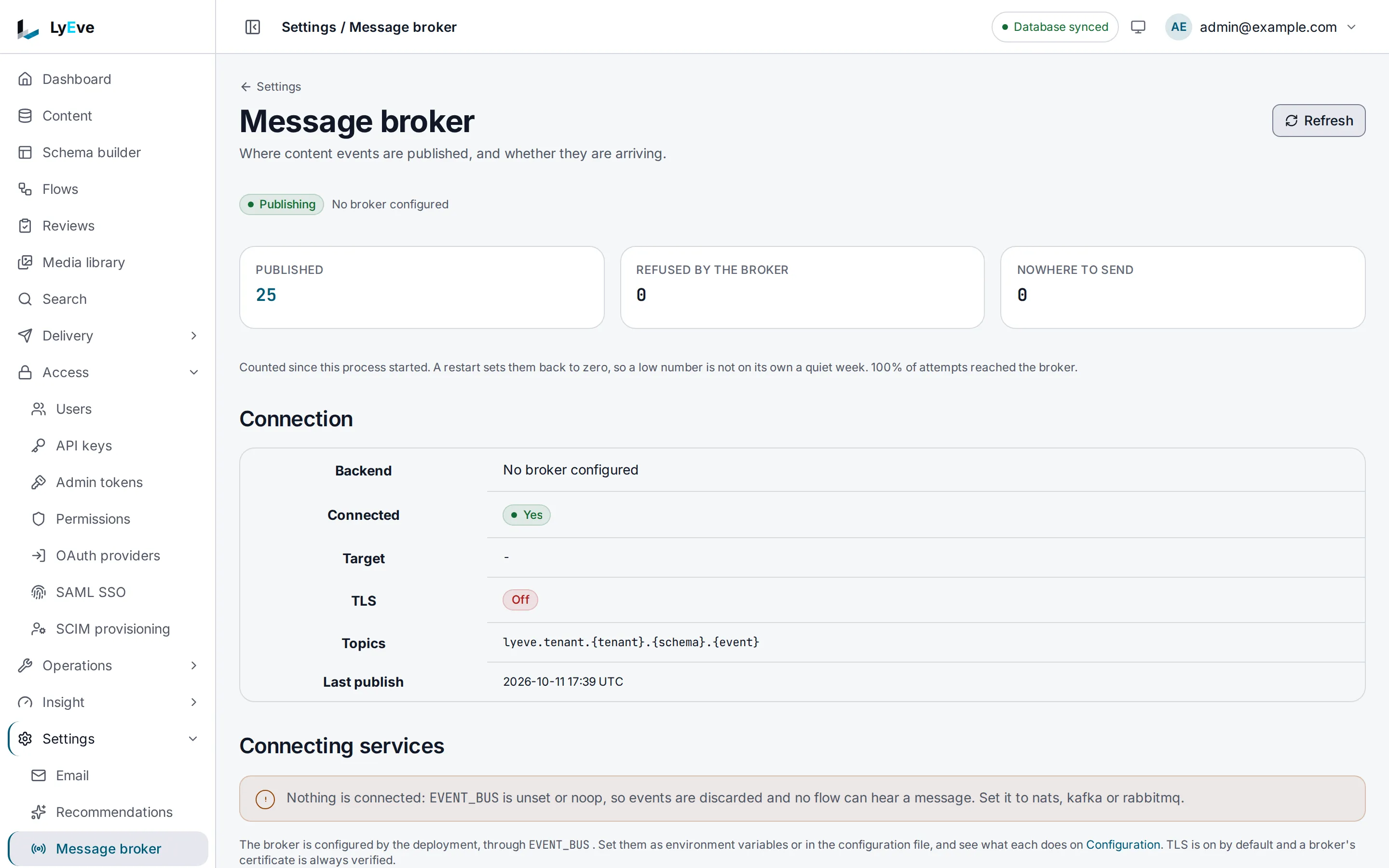 The Message broker page on an instance with no broker configured, with the published count, the connection details, the topic pattern lyeve.tenant.{tenant}.{schema}.{event} and a warning that events are discarded until EVENT_BUS is set.