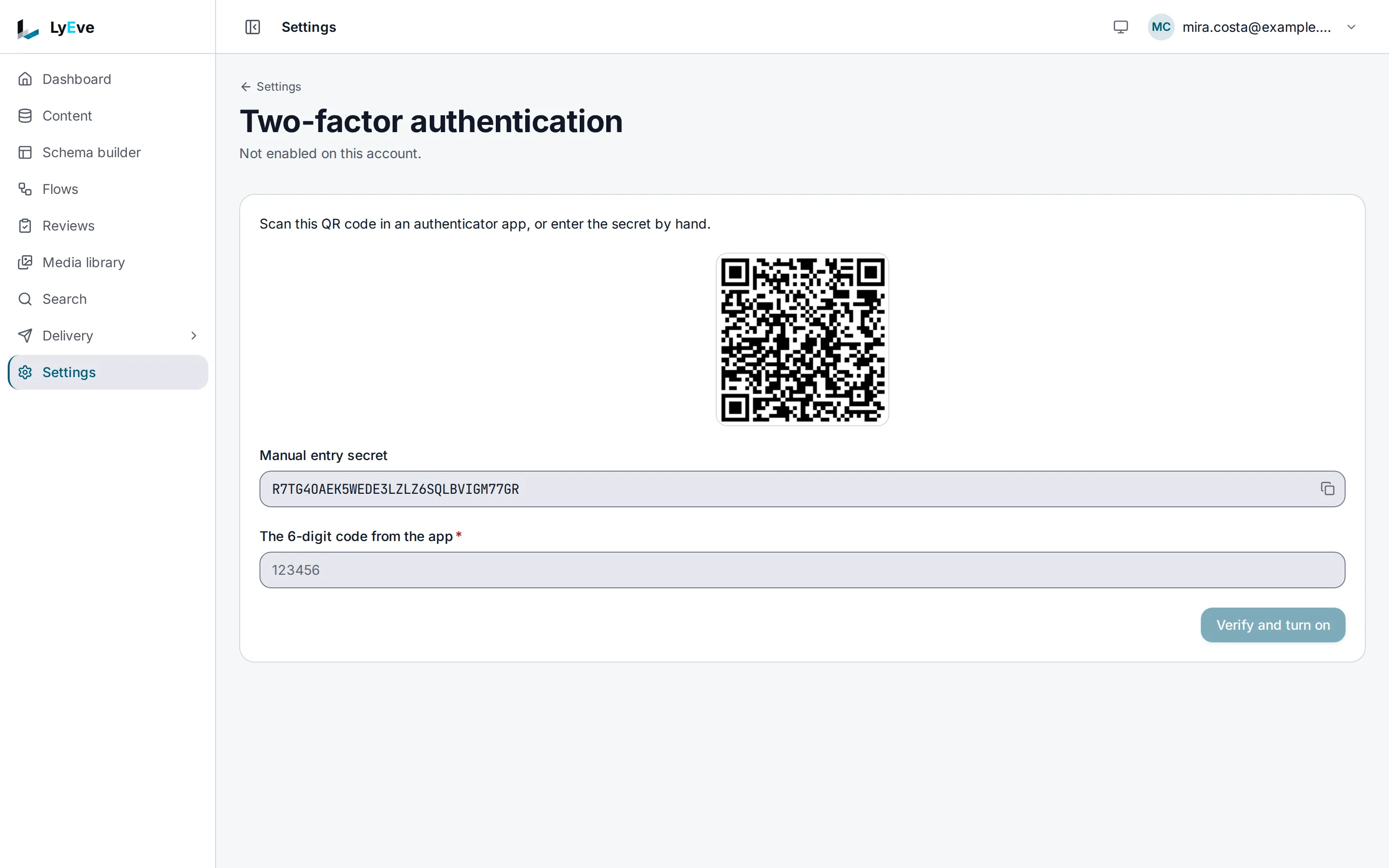 The Two-factor authentication page during enrollment, with the QR code, the manual entry secret and the field for the six-digit code.