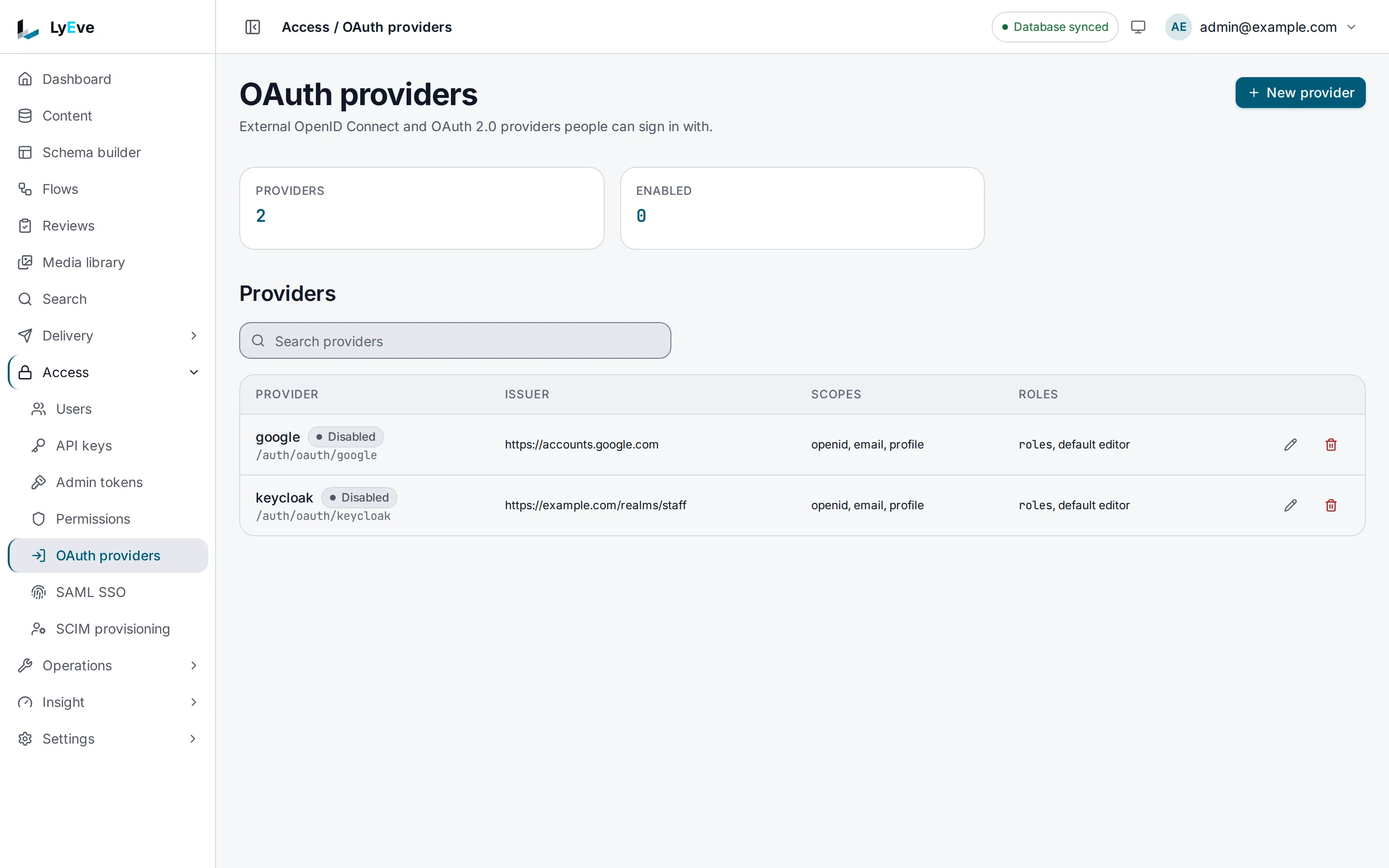 Access > OAuth providers listing google and keycloak, both disabled, with their issuers, scopes and roles.