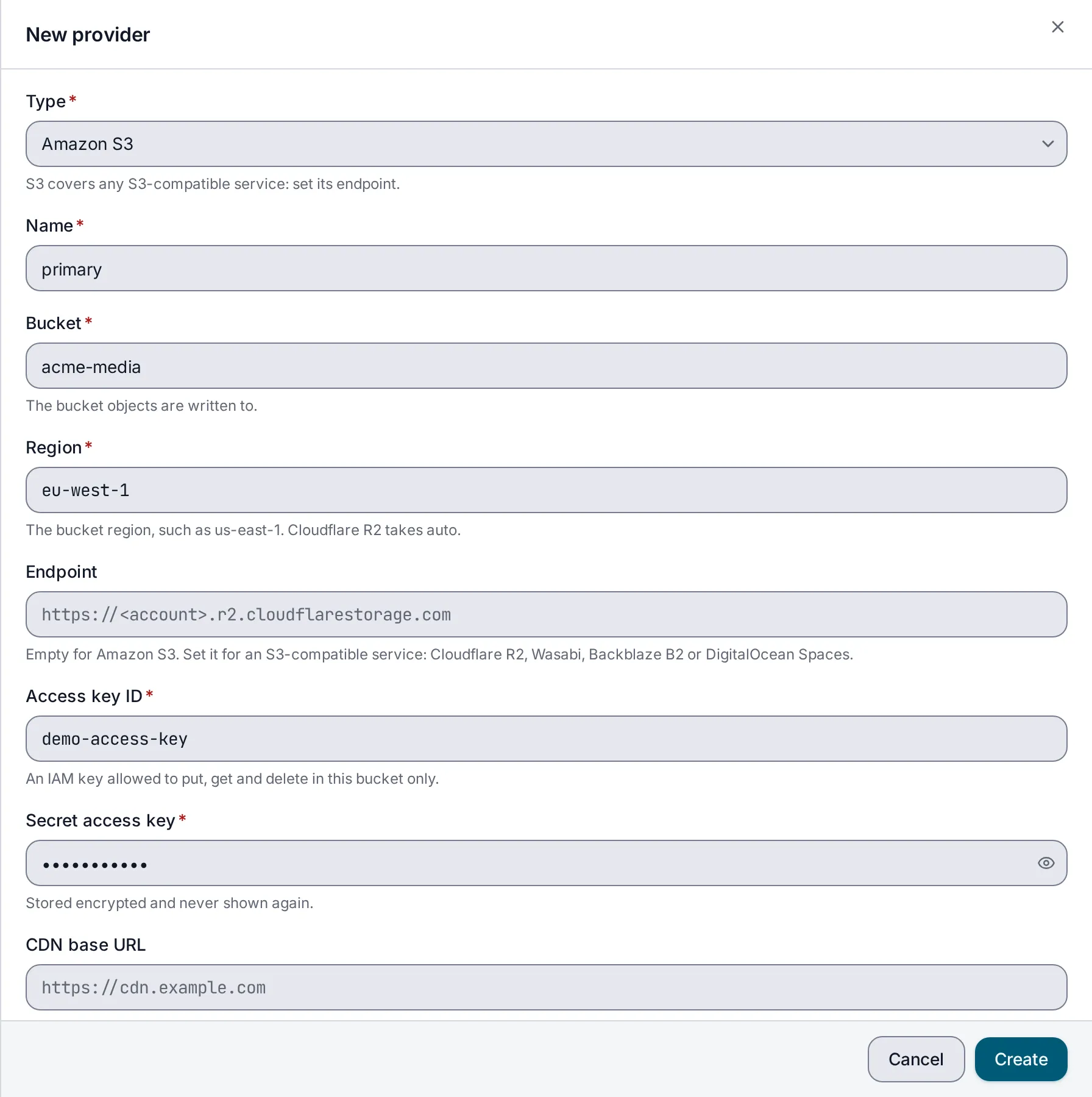 The New provider form for Amazon S3, filled in with the name primary, the bucket acme-media, the region eu-west-1 and an access key, with the secret hidden.