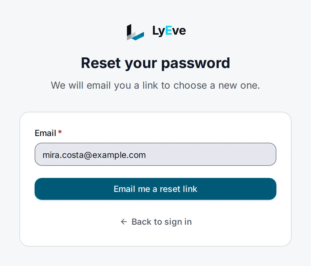 The Reset your password page with an email address entered and the Email me a reset link button.