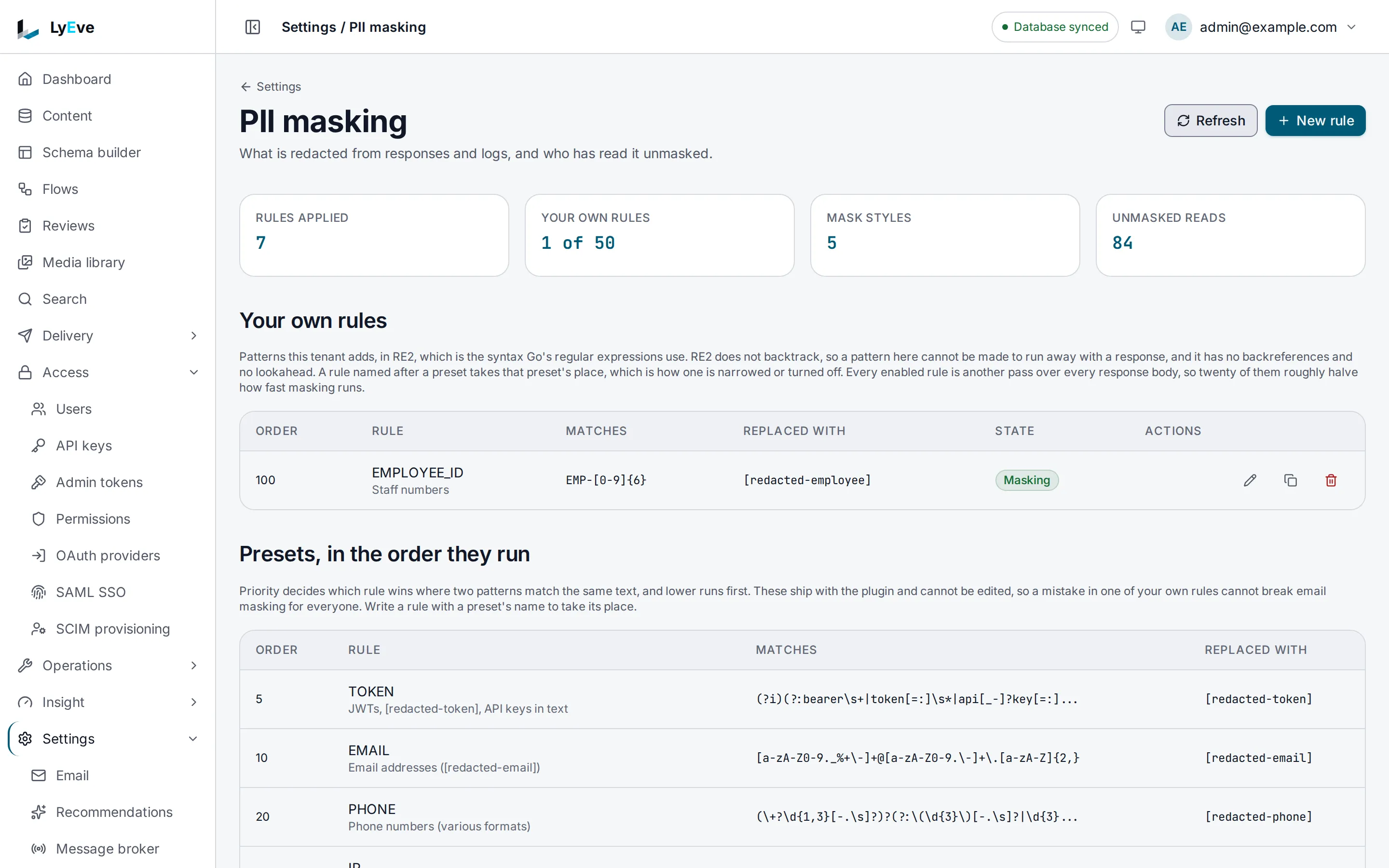 The PII masking page with one rule of the tenant's own, EMPLOYEE_ID, replacing EMP- and six digits with a redacted-employee placeholder, above the built-in presets in the order they run.