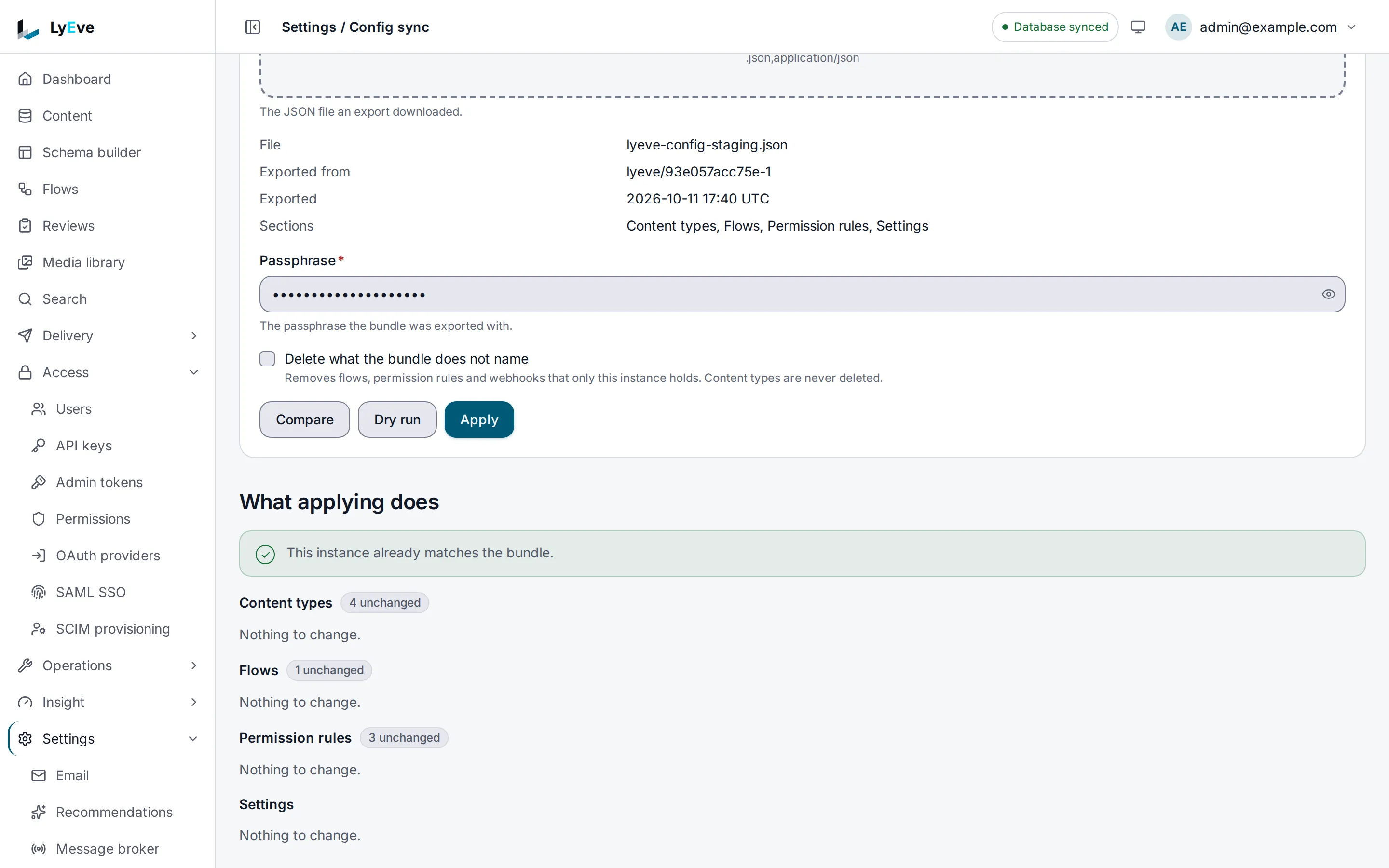 The Apply a bundle form with a bundle file loaded and its passphrase entered, above the plan under What applying does, which says this instance already matches the bundle and lists each section as unchanged.