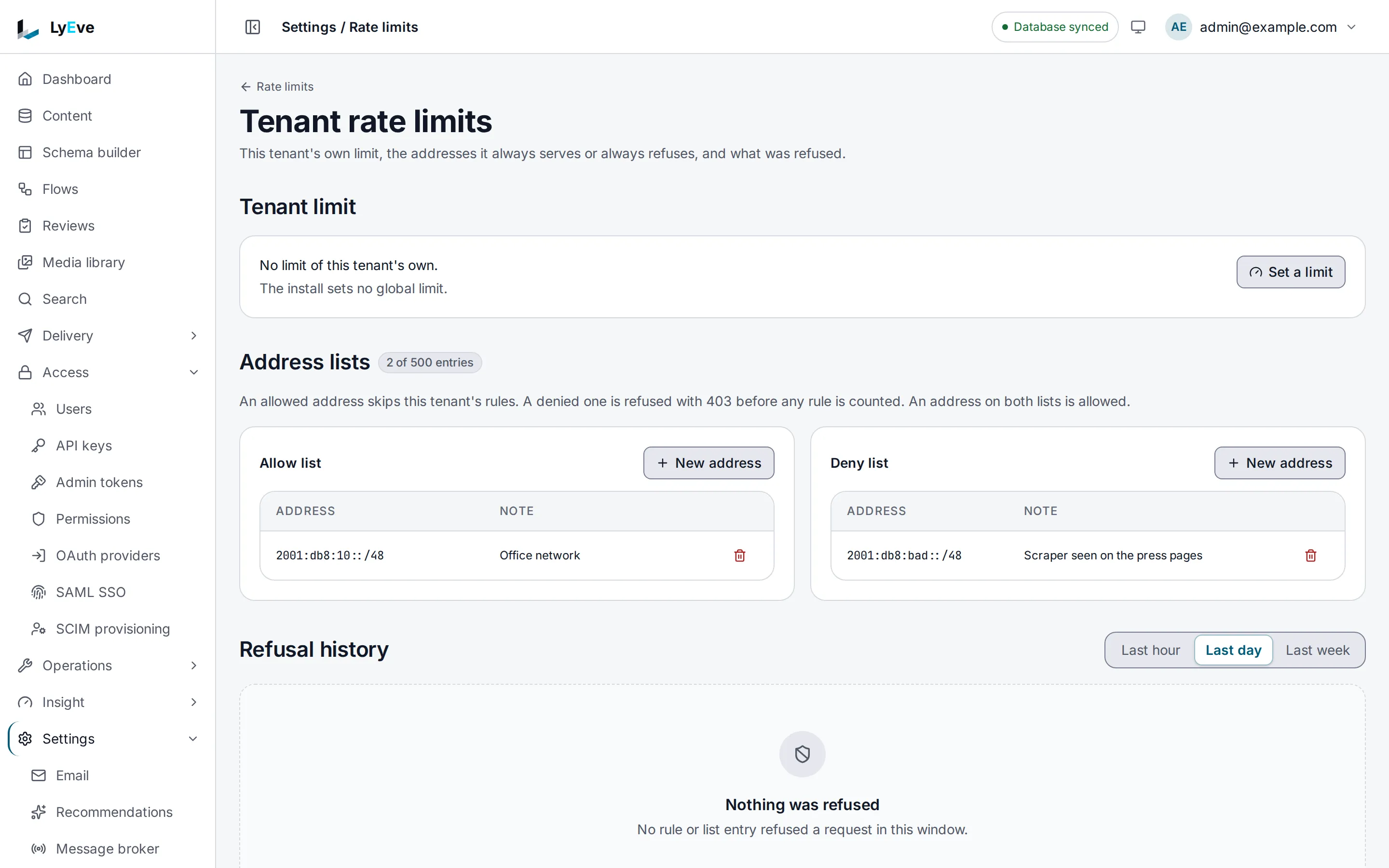 Tenant rate limits with no limit of the tenant's own, one allowed and one denied IPv6 range, each with a note, and the refusal history for the last day.