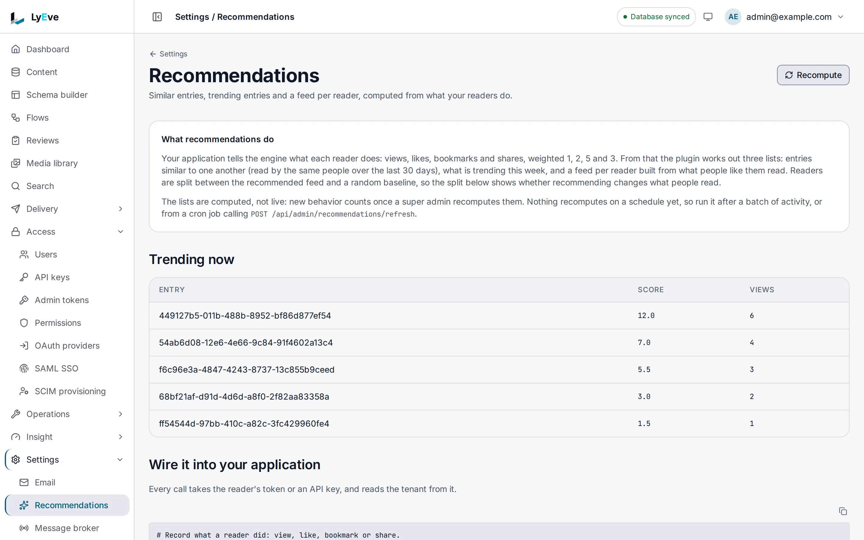 The Recommendations settings page. Trending now lists five entries by id, the first with a score of 12.0 and 6 views, and Recompute sits at the top right.