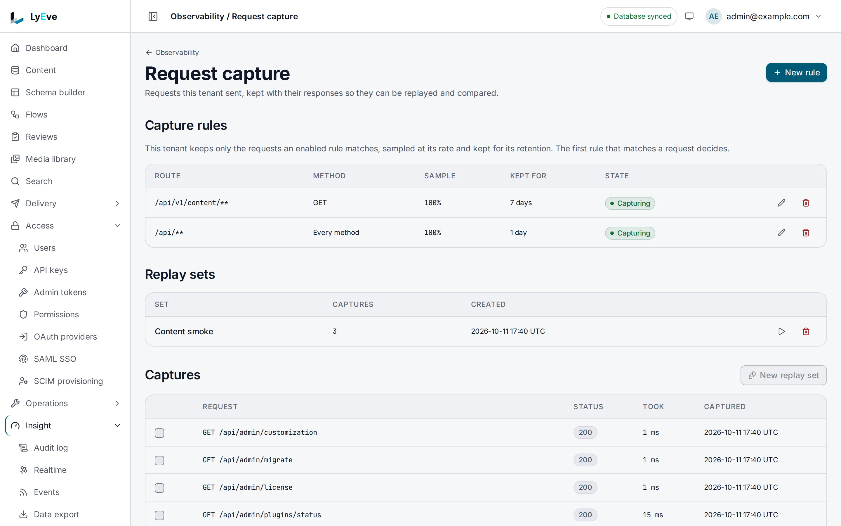 The Request capture page with two rules, content reads kept for 7 days and every other request for 1 day, a replay set named Content smoke holding three captures, and the newest captures below.