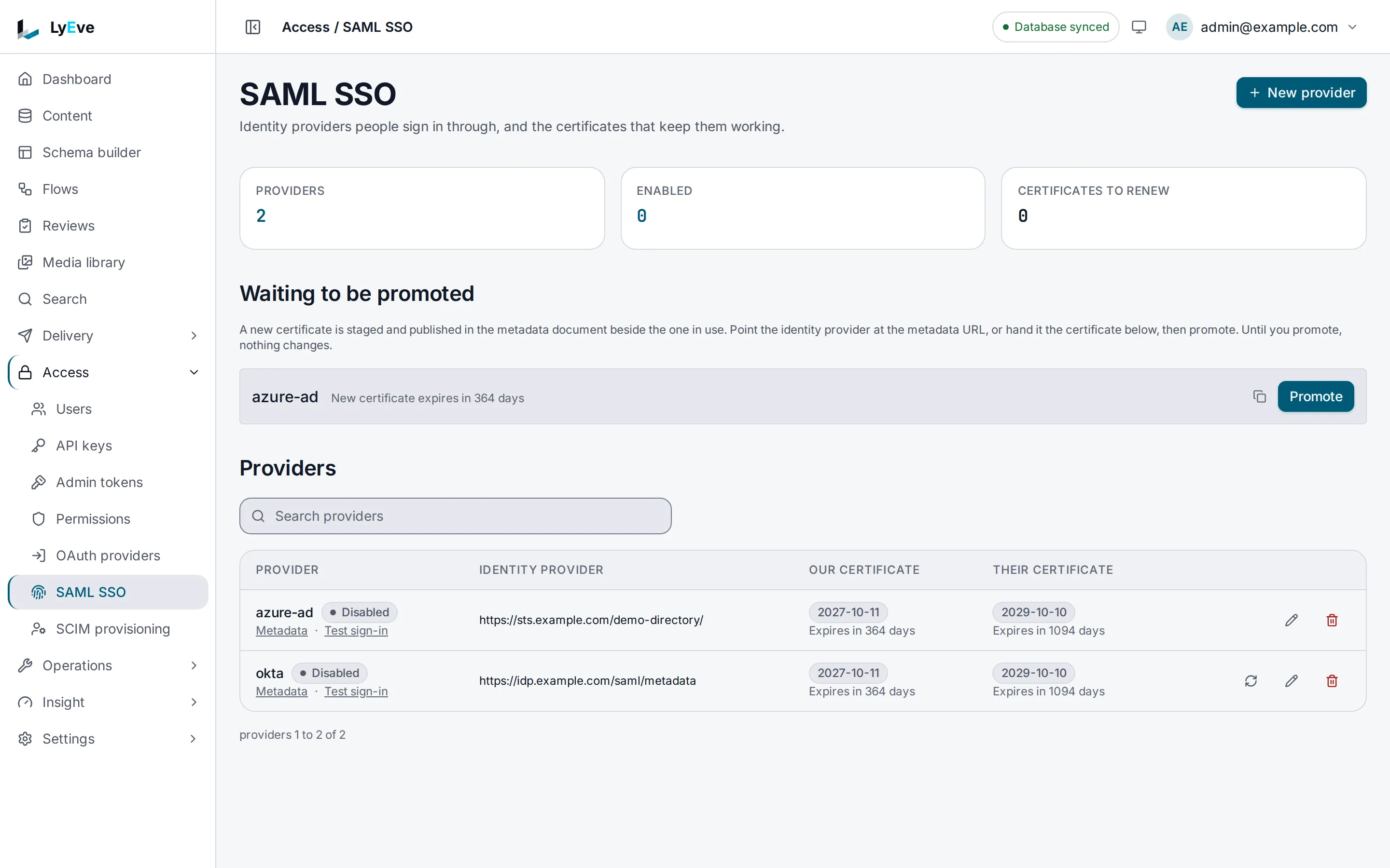 Access > SAML SSO with two providers and their certificate expiry dates, and a new certificate for azure-ad waiting to be promoted.