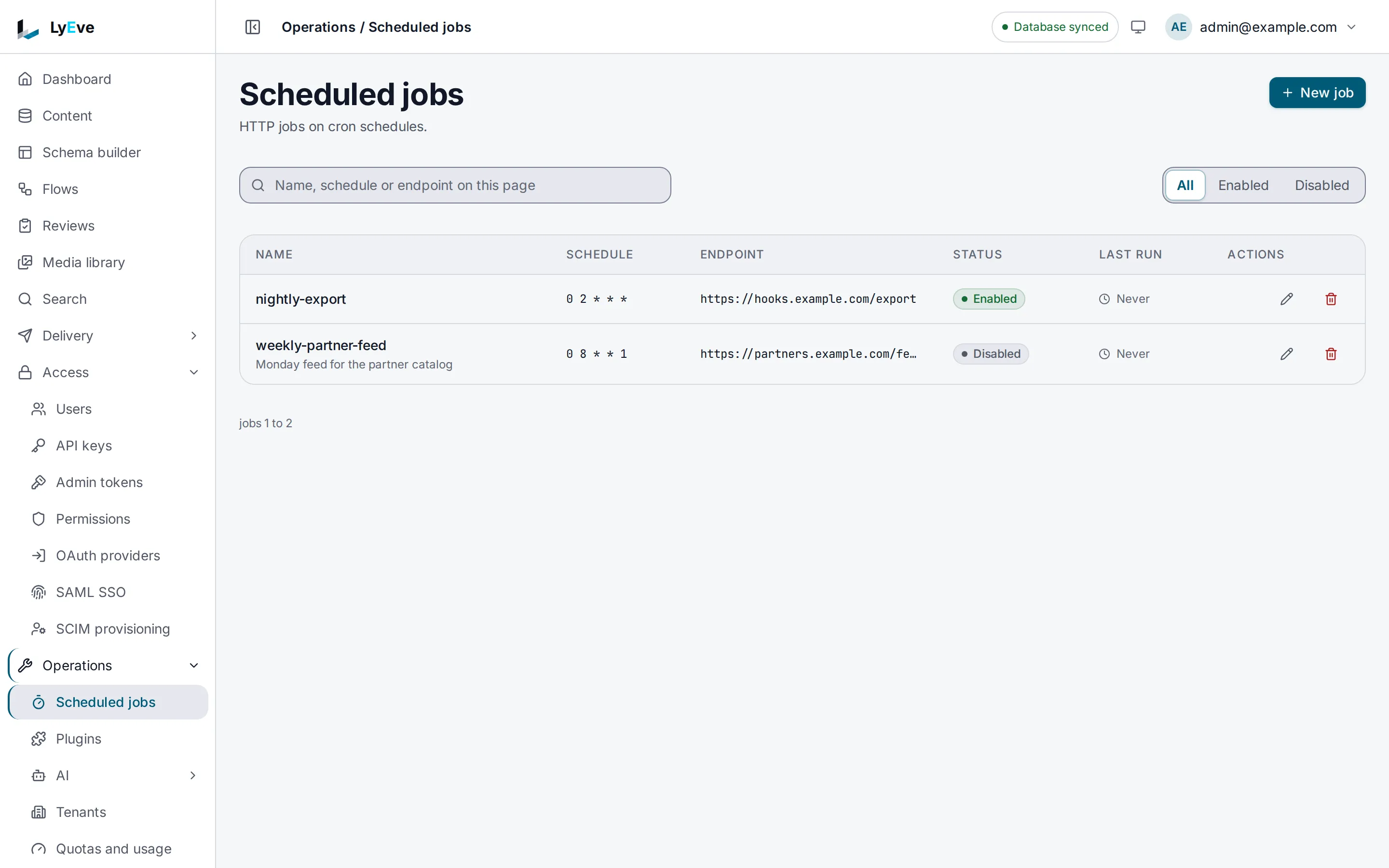 The Scheduled jobs page with two jobs that have not run yet: nightly-export, enabled, every day at 02, and weekly-partner-feed, disabled, every Monday at 08.
