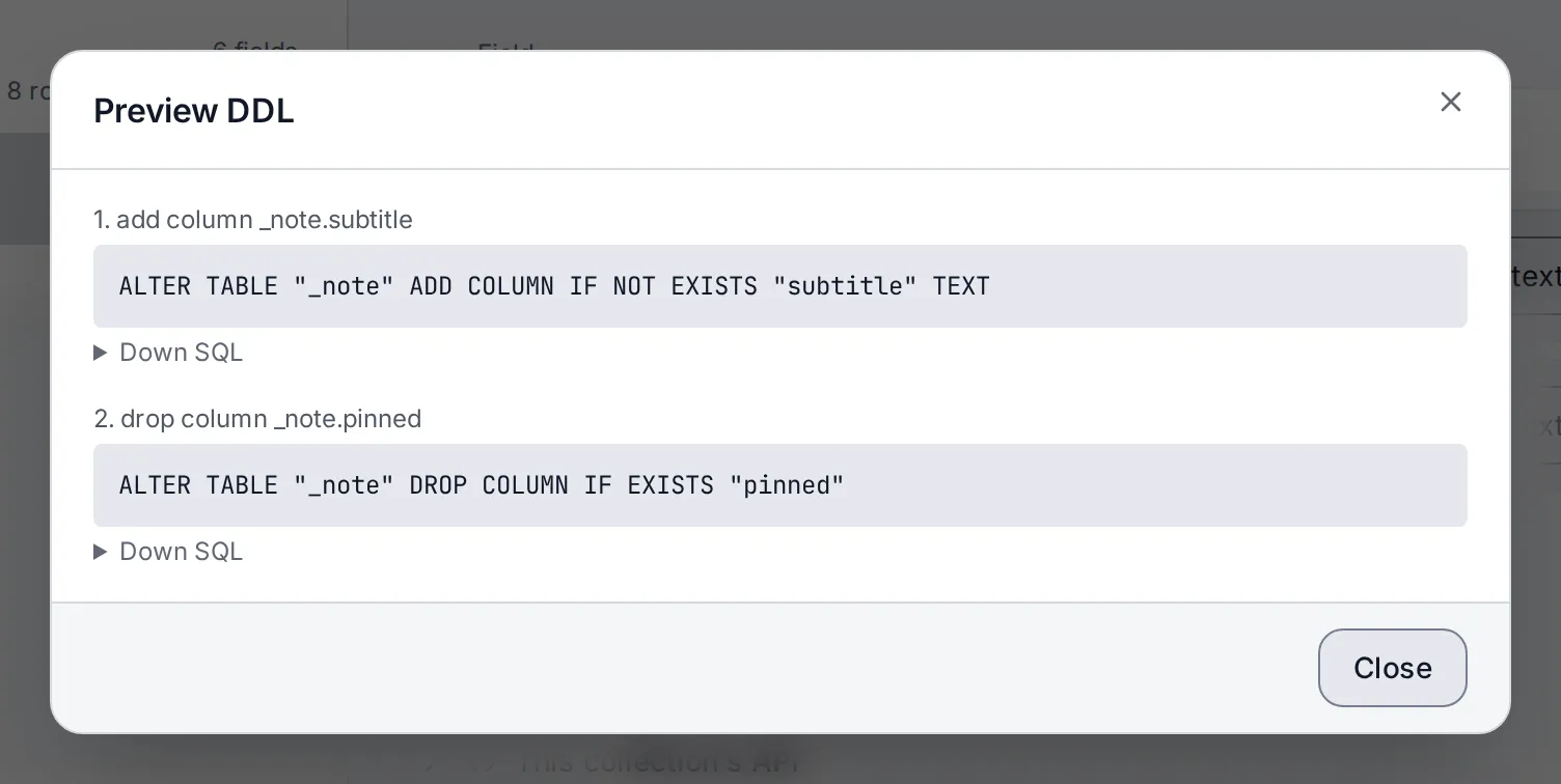 The Preview DDL dialog for the Note content type, after an unsaved edit that adds a subtitle field and removes pinned. It lists two statements, add column _note.subtitle and drop column _note.pinned, each with its SQL and a Down SQL toggle.