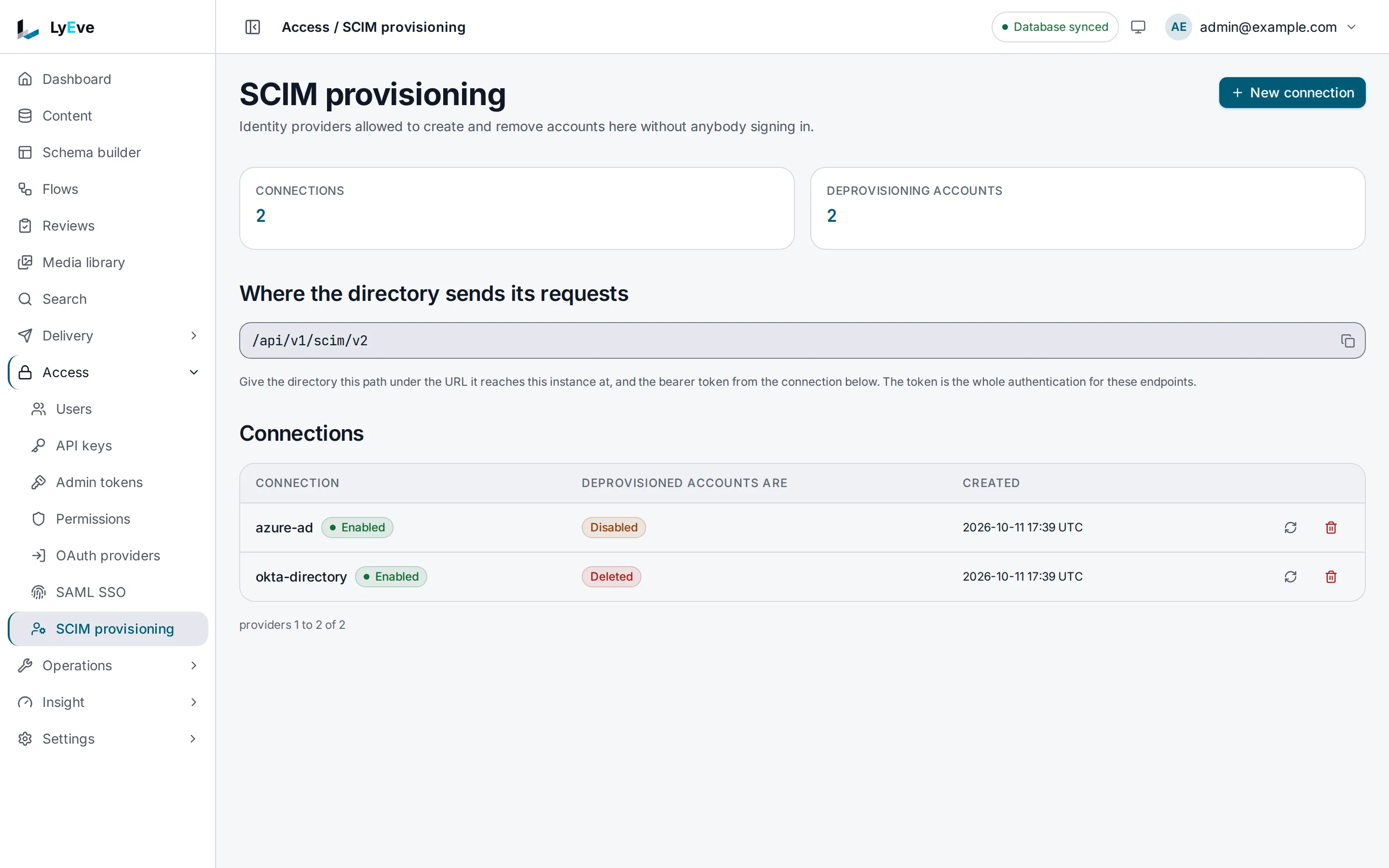 Access > SCIM provisioning with the base path and two connections, one that disables removed accounts and one that deletes them.