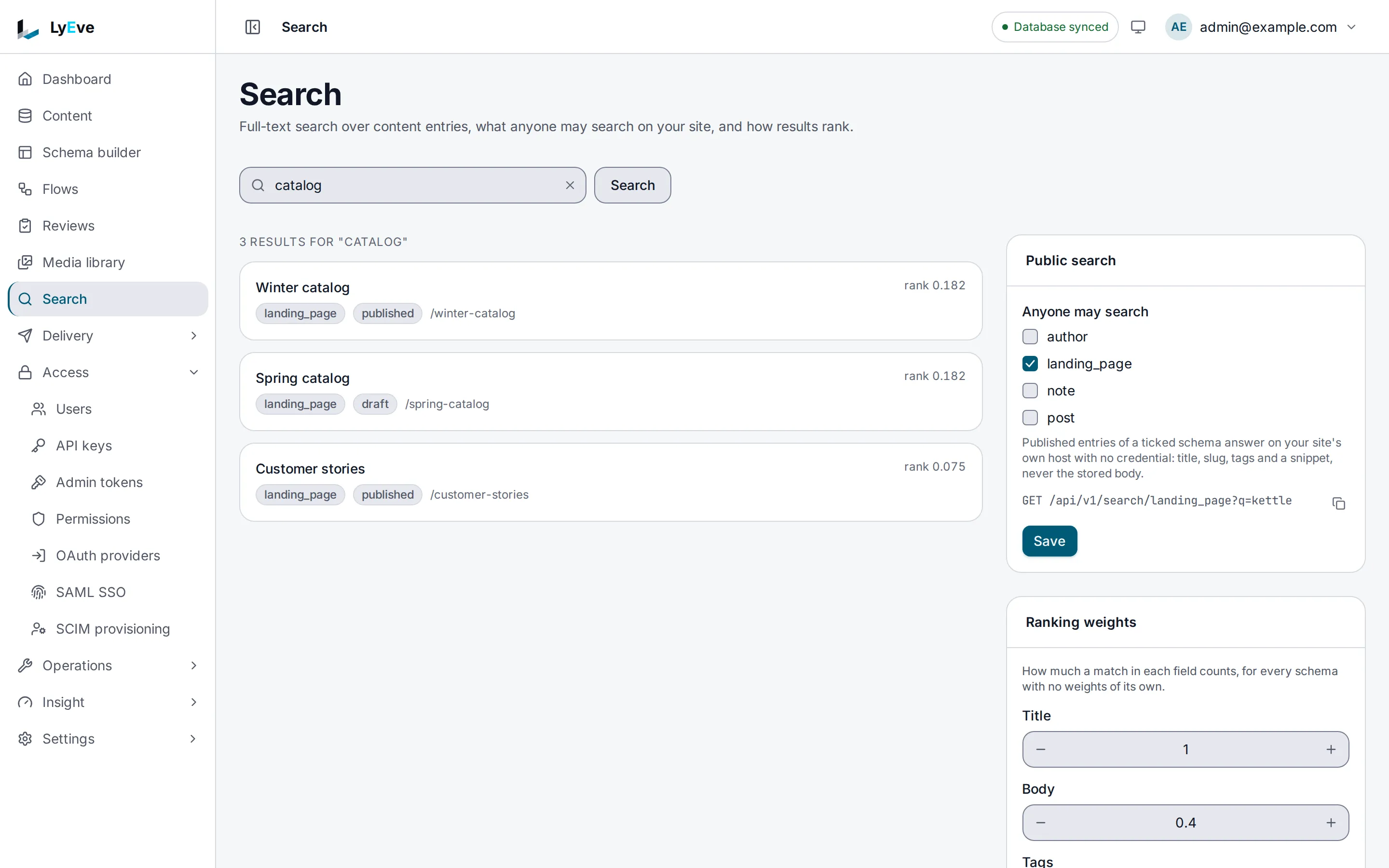 The Search page with results for catalog: Winter catalog, Spring catalog as a draft, and Customer stories, each with its rank. Beside them, the Public search card has landing_page ticked under Anyone may search, and the Ranking weights card starts below it.