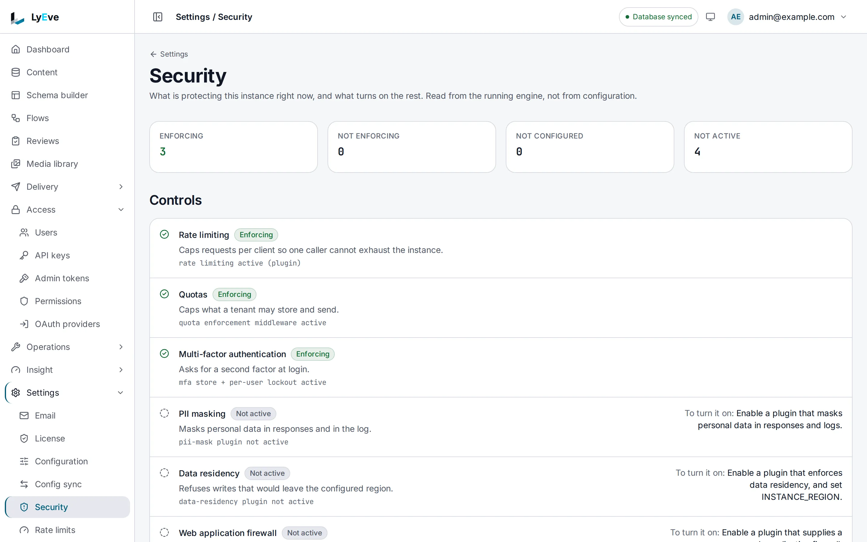 Settings > Security: counts of controls enforcing, not enforcing, not configured and not active, then each control with its state.