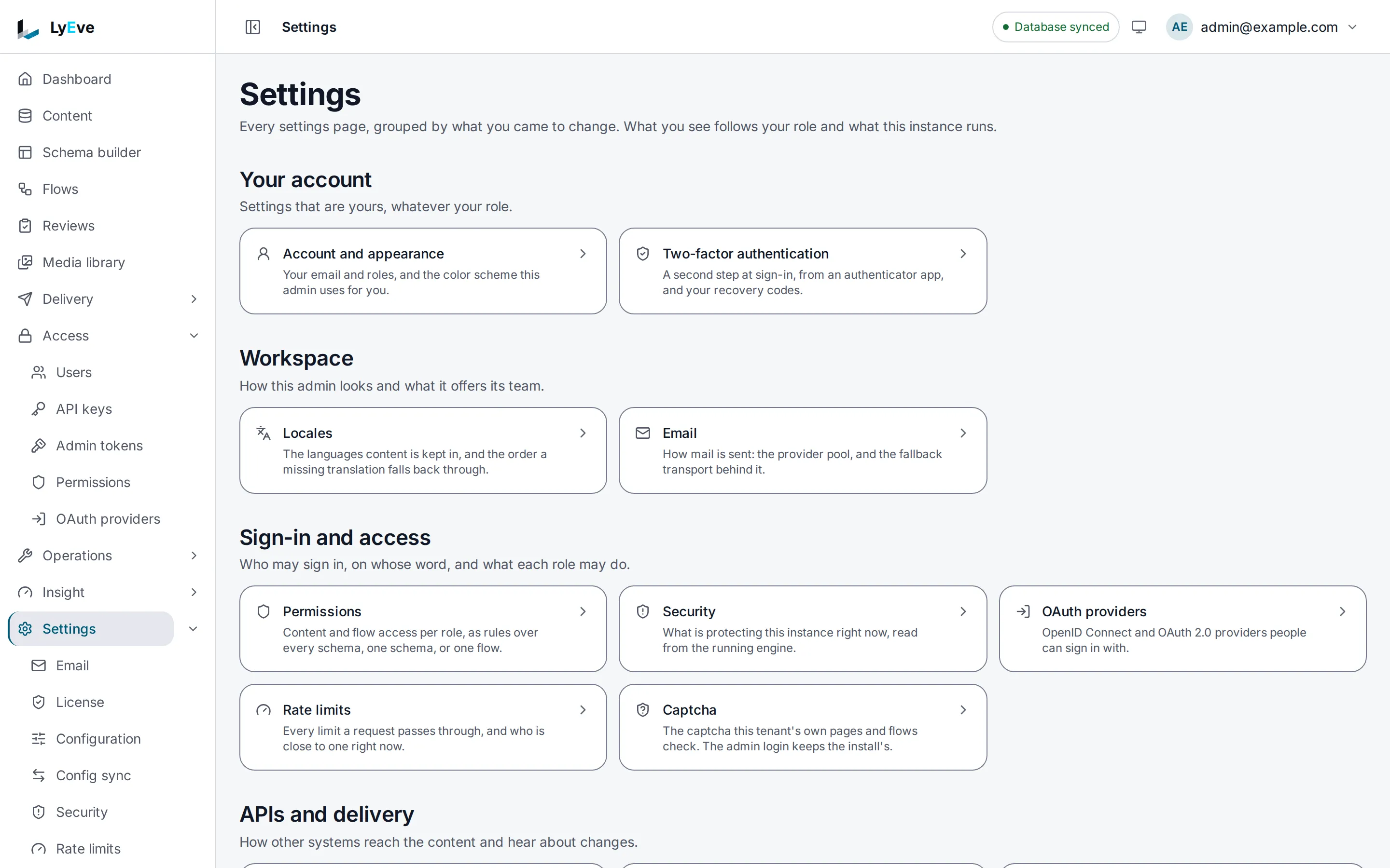 The Settings page: your account, workspace, sign-in and access, and APIs and delivery, each with its settings screens.