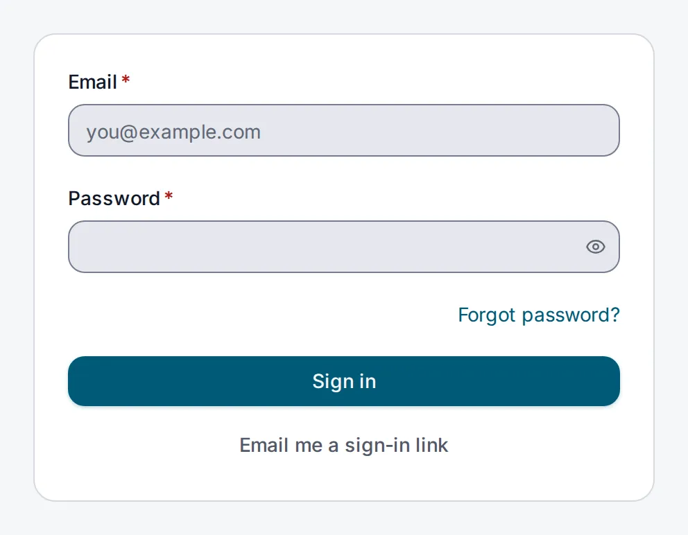 The console's sign-in form, with email, password, a forgotten password link and a sign-in link by email.
