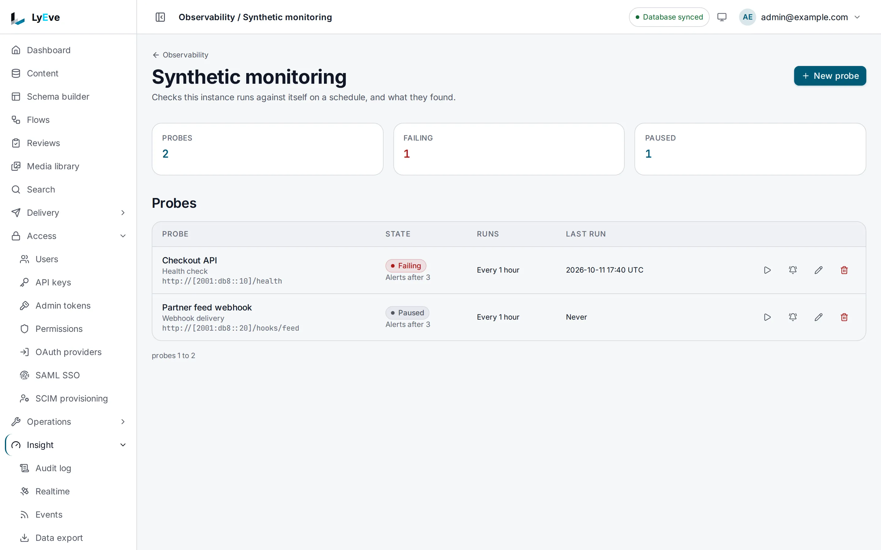 The Synthetic monitoring page with two probes: Checkout API, a health check that is failing, and Partner feed webhook, a webhook delivery that is paused.