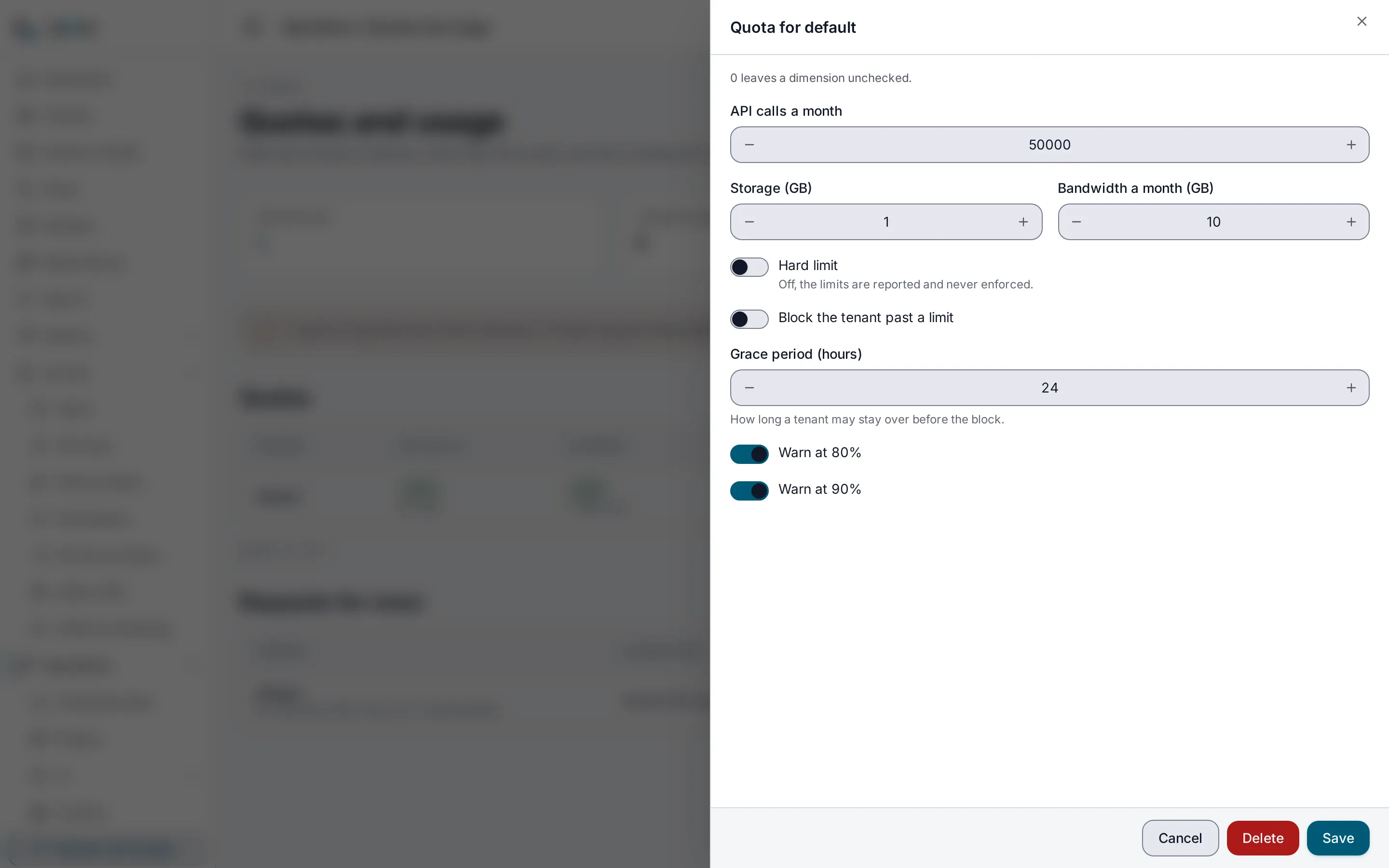 The quota form for the default tenant with 50000 API calls a month, 1 GB of storage and 10 GB of bandwidth a month, Hard limit and blocking off, a grace period of 24 hours, and both warnings on.