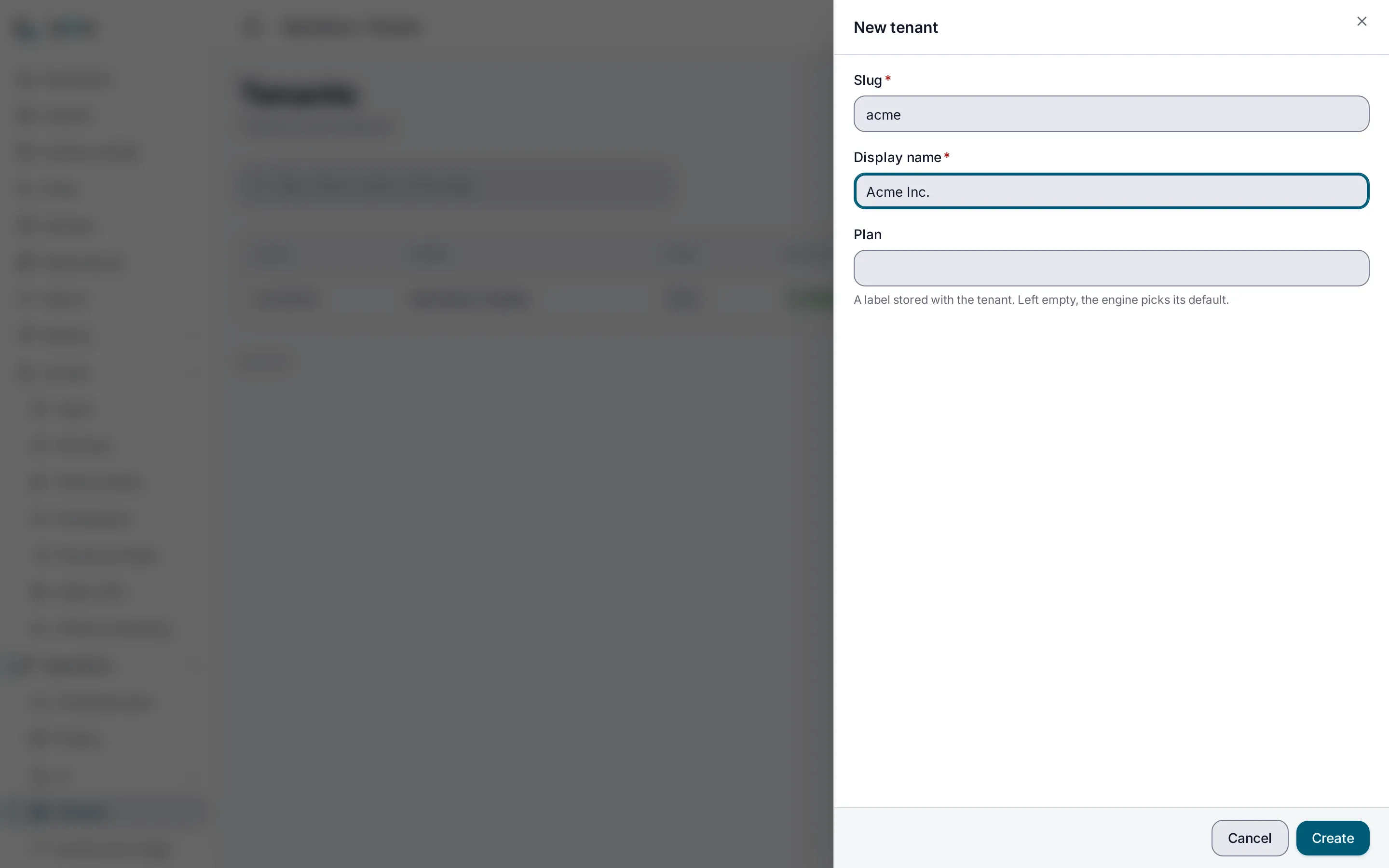 The New tenant form open over the Tenants page, with the slug acme and the display name Acme Inc. filled in and the plan left empty.