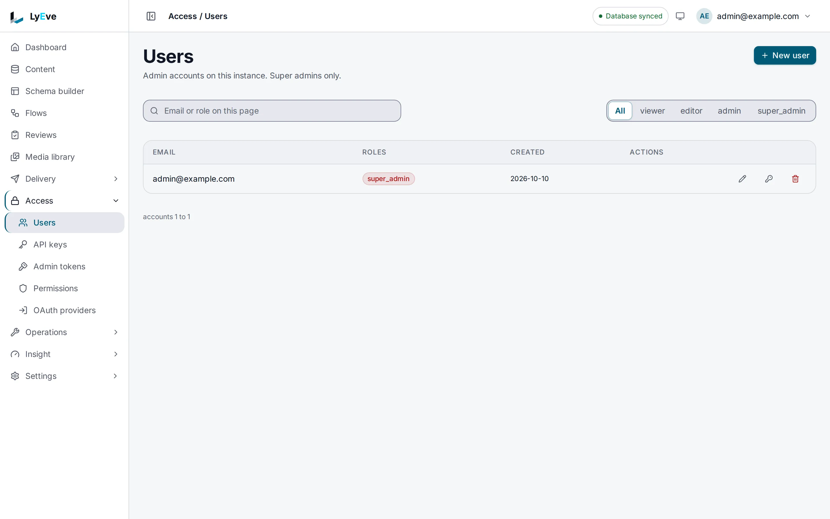 Access > Users: each account with its roles and creation date, filters by role and a New user button.