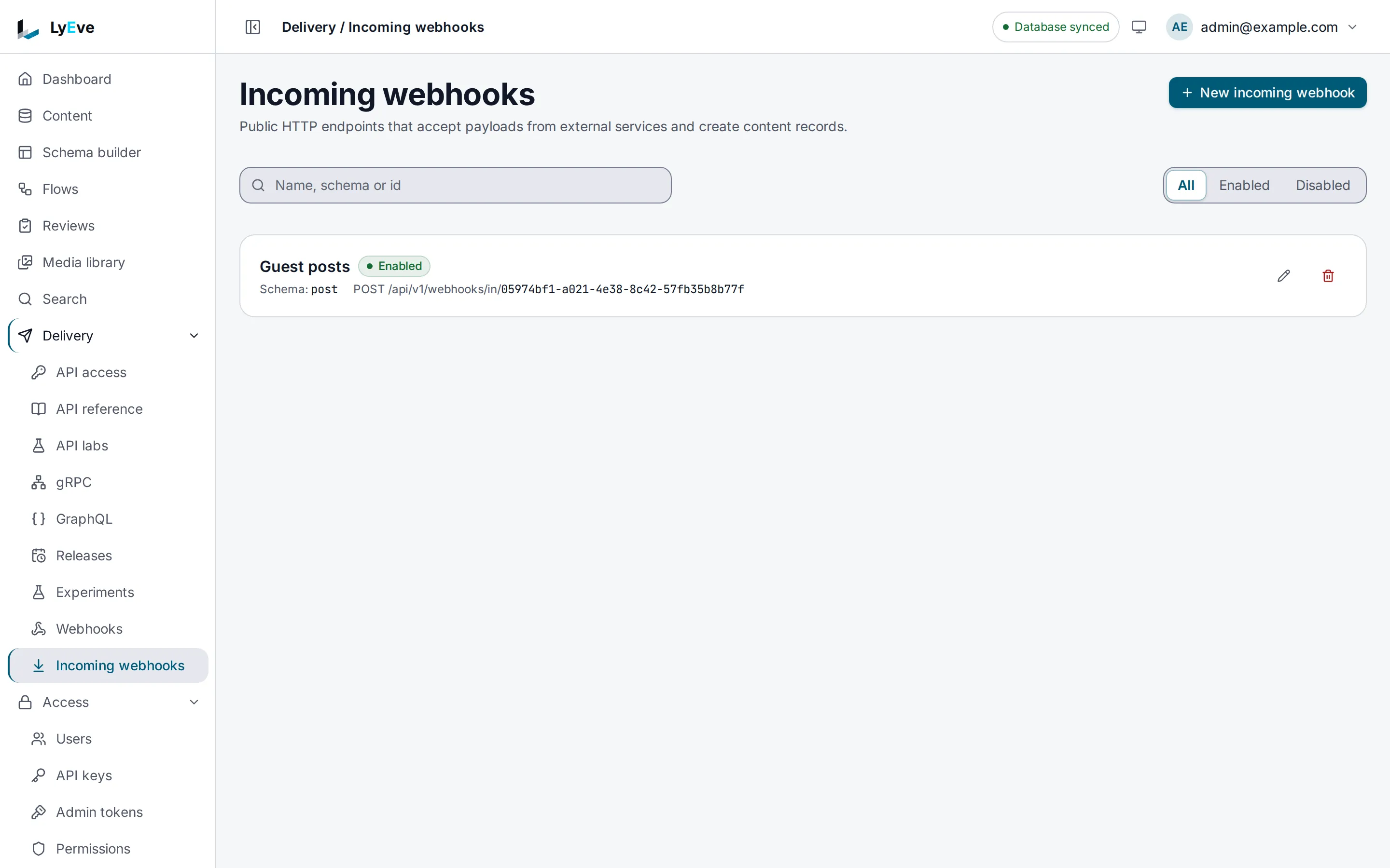The Incoming webhooks page with one enabled webhook, Guest posts, which creates post entries from payloads sent to its POST /api/v1/webhooks/in address.