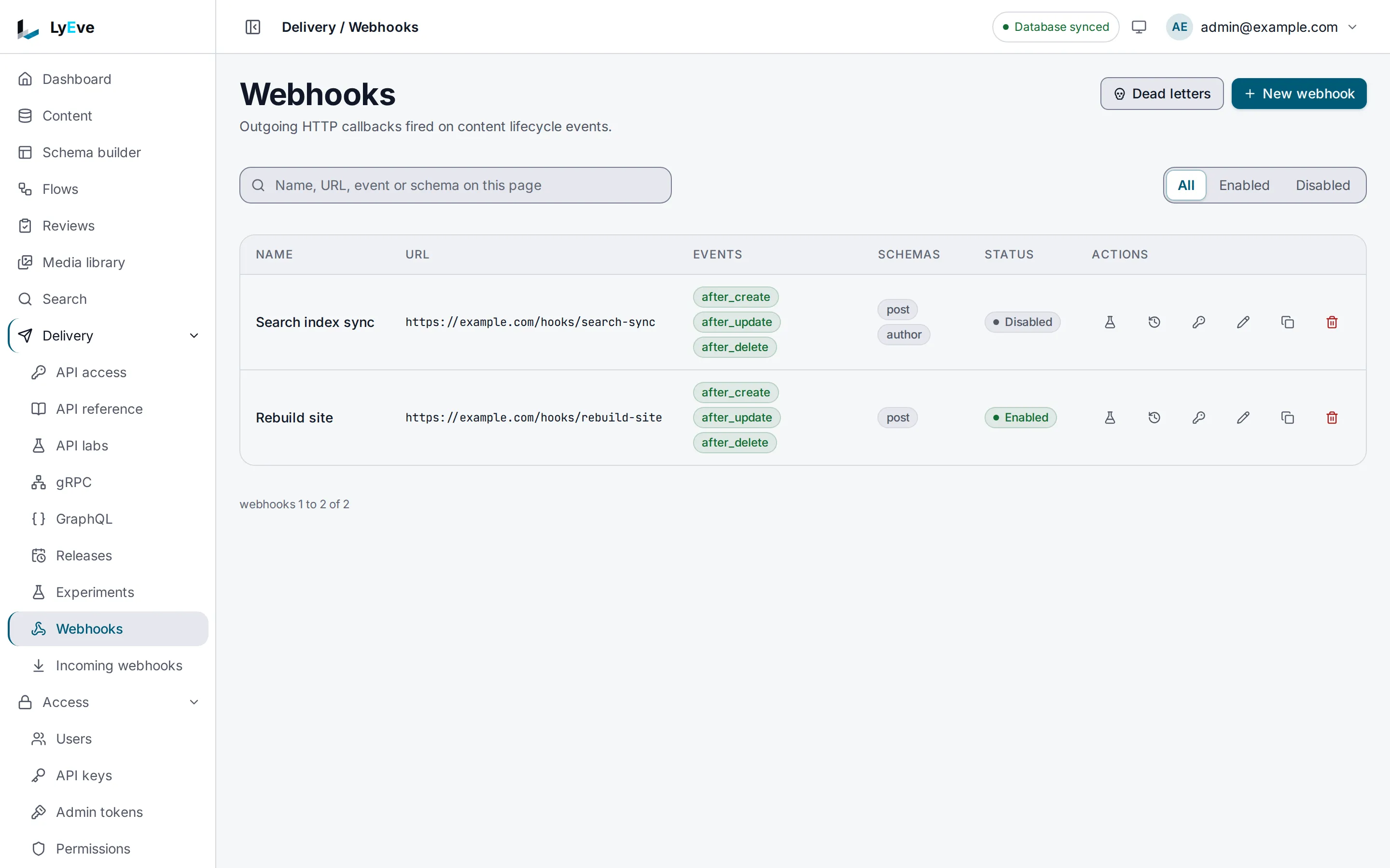 The Webhooks page listing two webhooks, Rebuild site enabled for post and Search index sync disabled for post and author, each with its URL, its after_create, after_update and after_delete events and its action buttons.